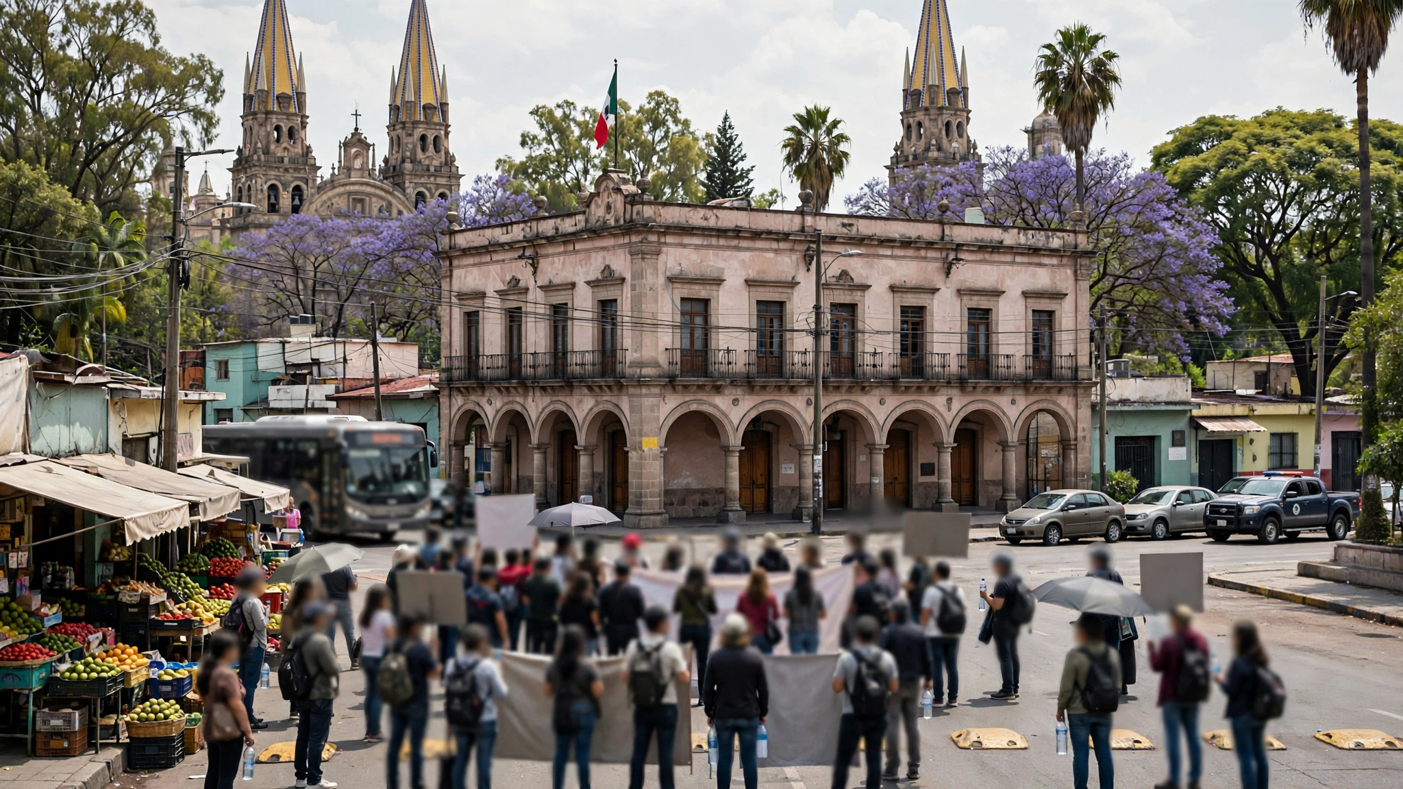 Manifestantes frente a Casa Jalisco durante la marcha por el agua contaminada en Guadalajara