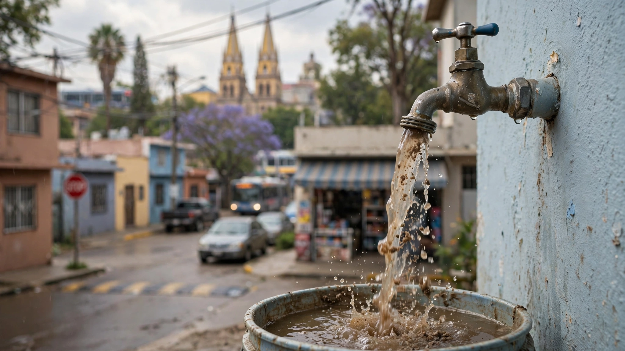 Agua con sedimentos saliendo de una llave en una vivienda de Guadalajara