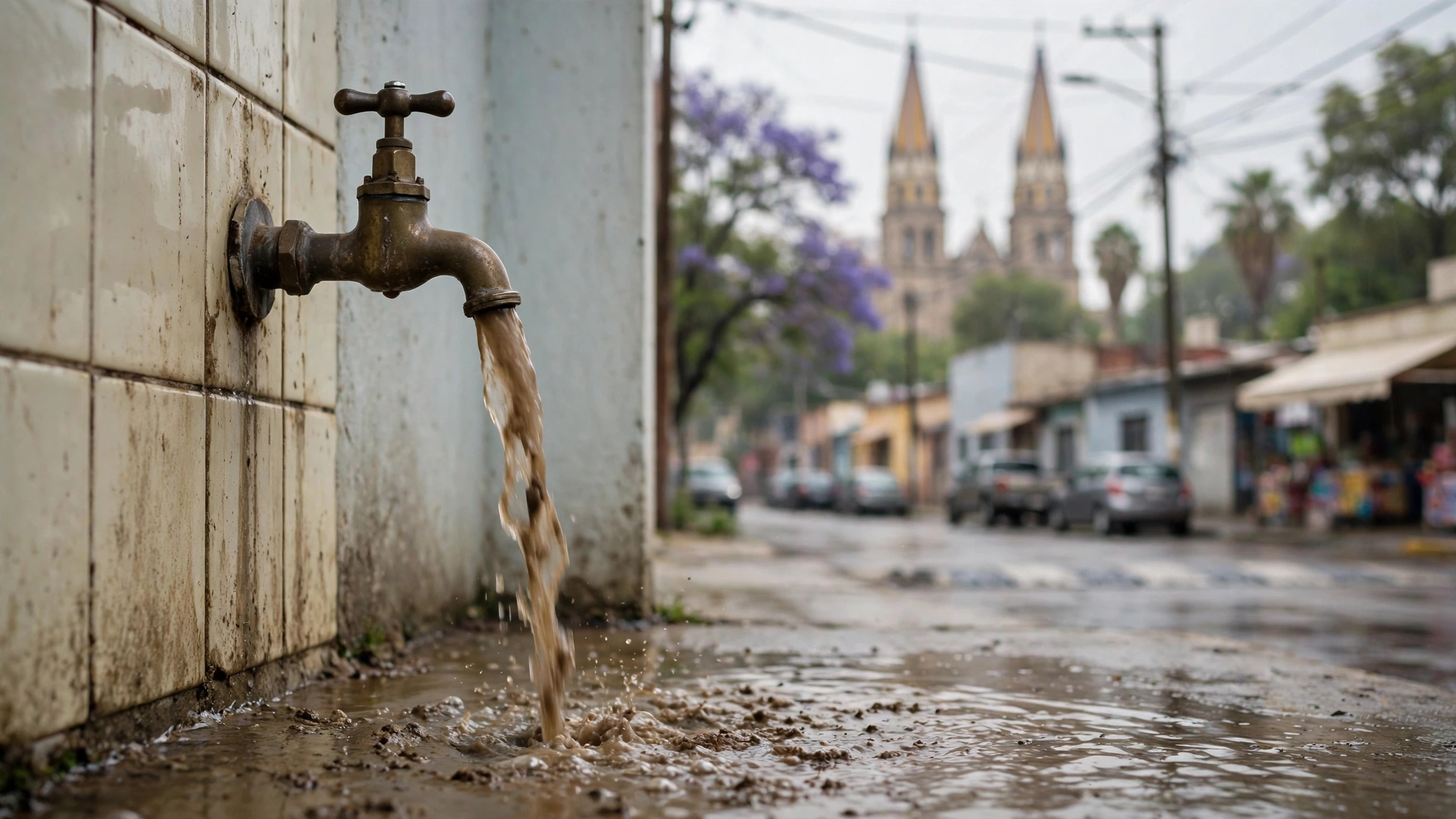 Llave de agua potable con agua de color turbio en una vivienda de Guadalajara