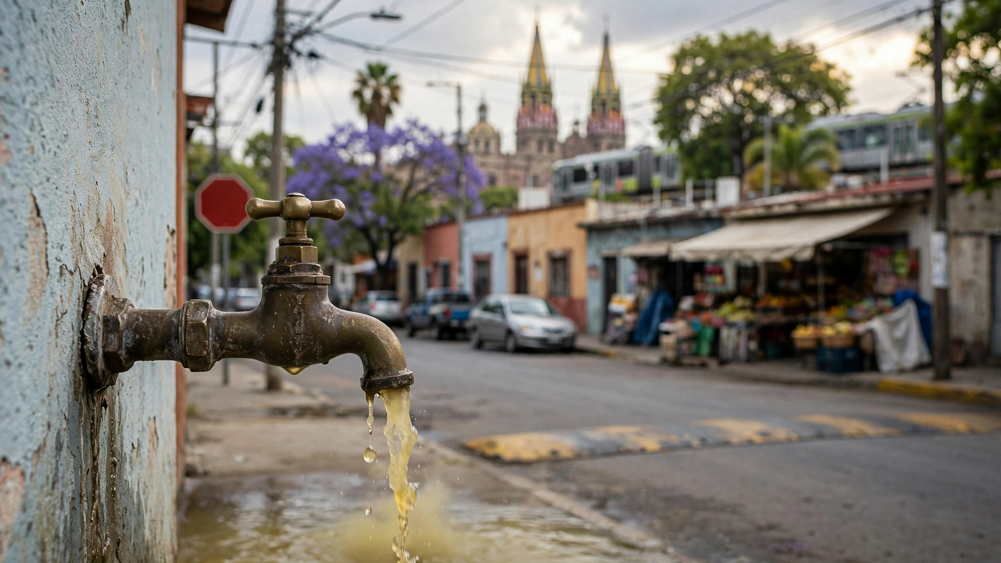 Llave de agua goteando con agua de color amarillento en una vivienda de Guadalajara