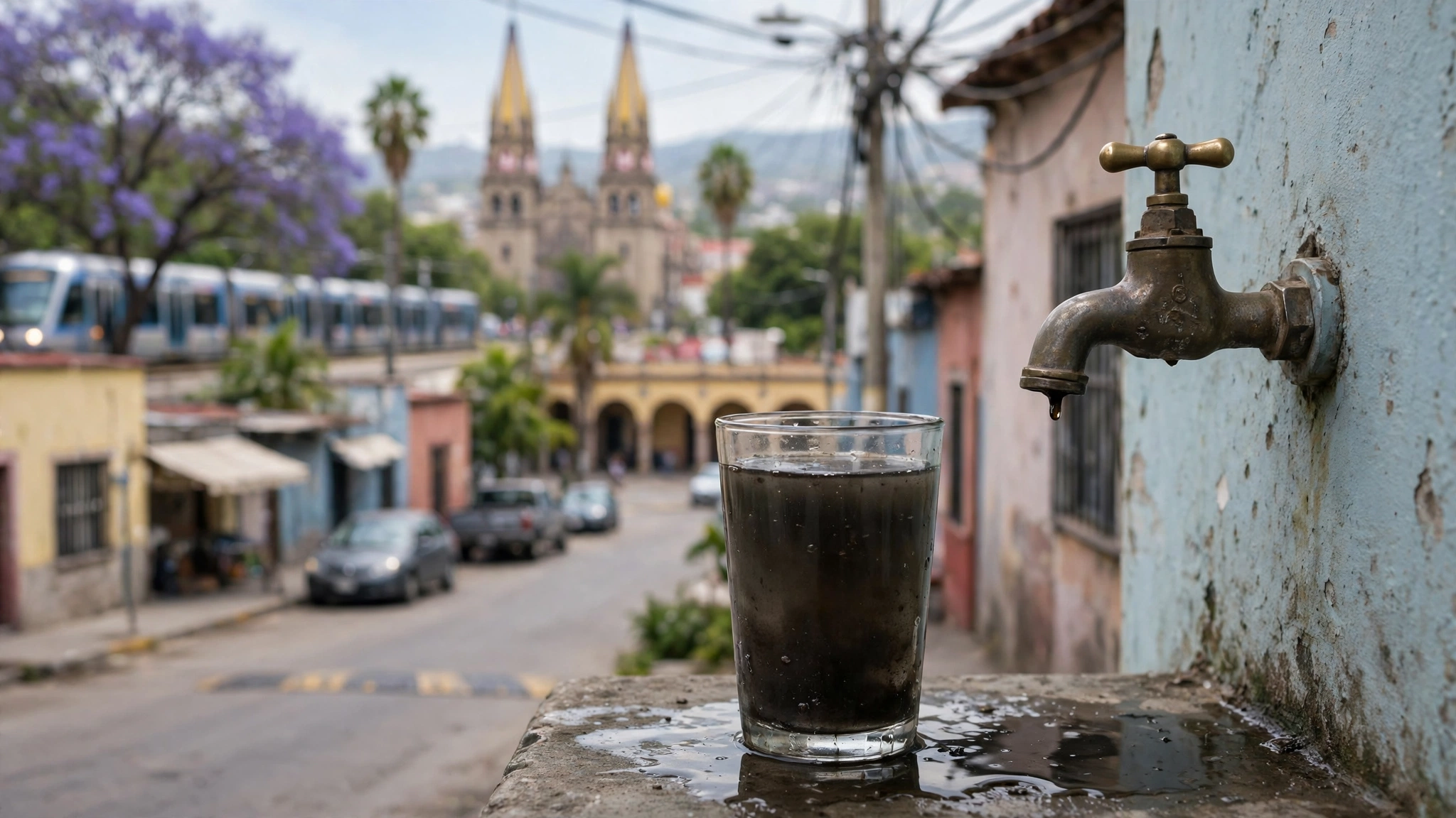 Vaso con agua de color oscuro junto a una llave, símbolo de las denuncias por mala calidad del agua en Guadalajara