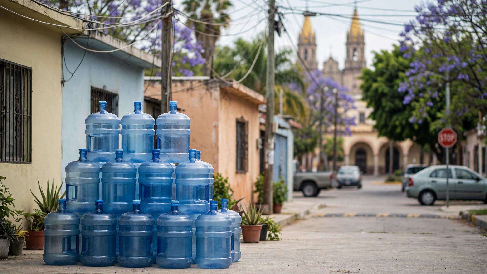Garrafones de agua apilados en una vivienda de Guadalajara