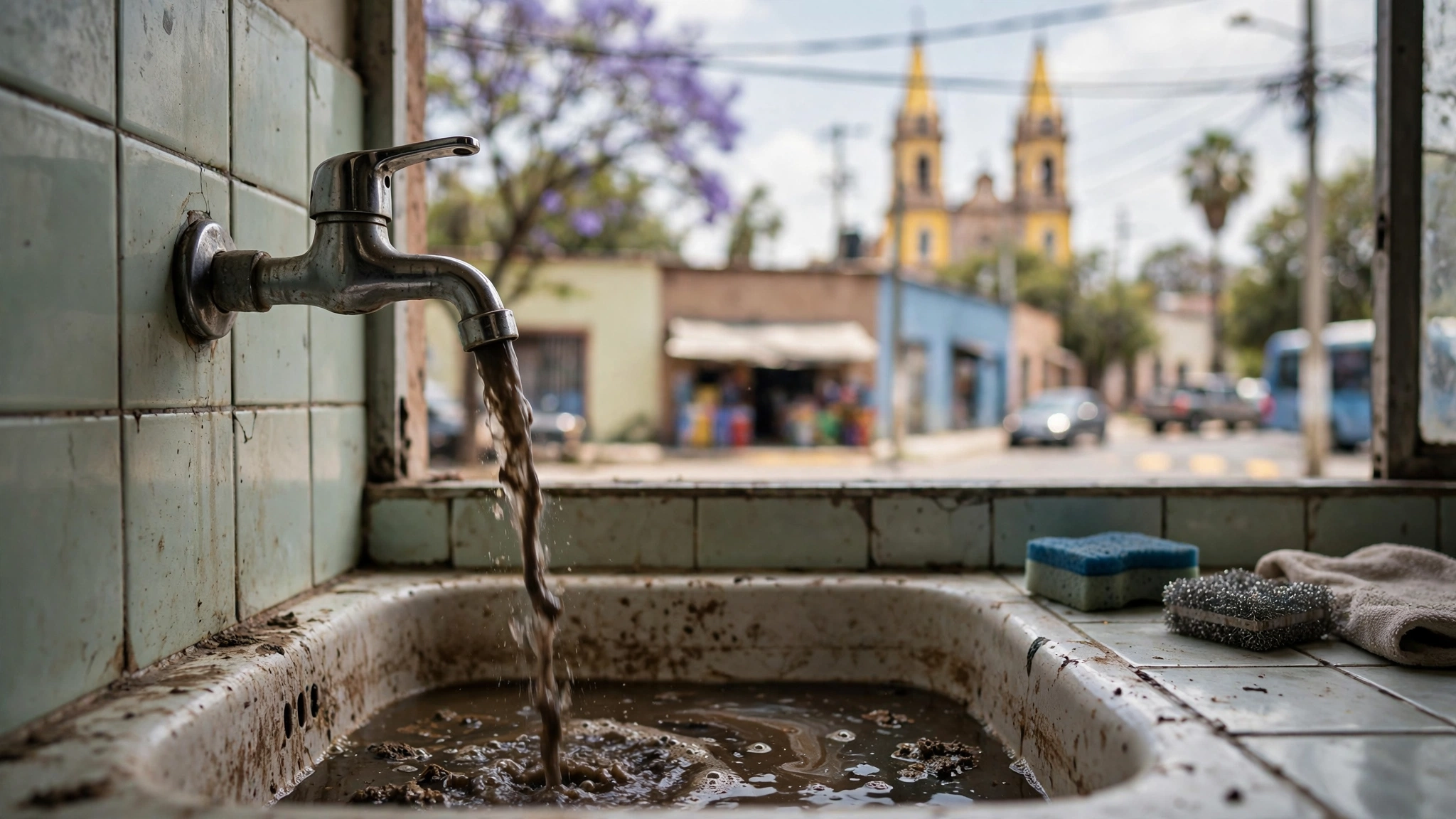 Grifo con agua turbia y de color oscuro en una vivienda de Guadalajara