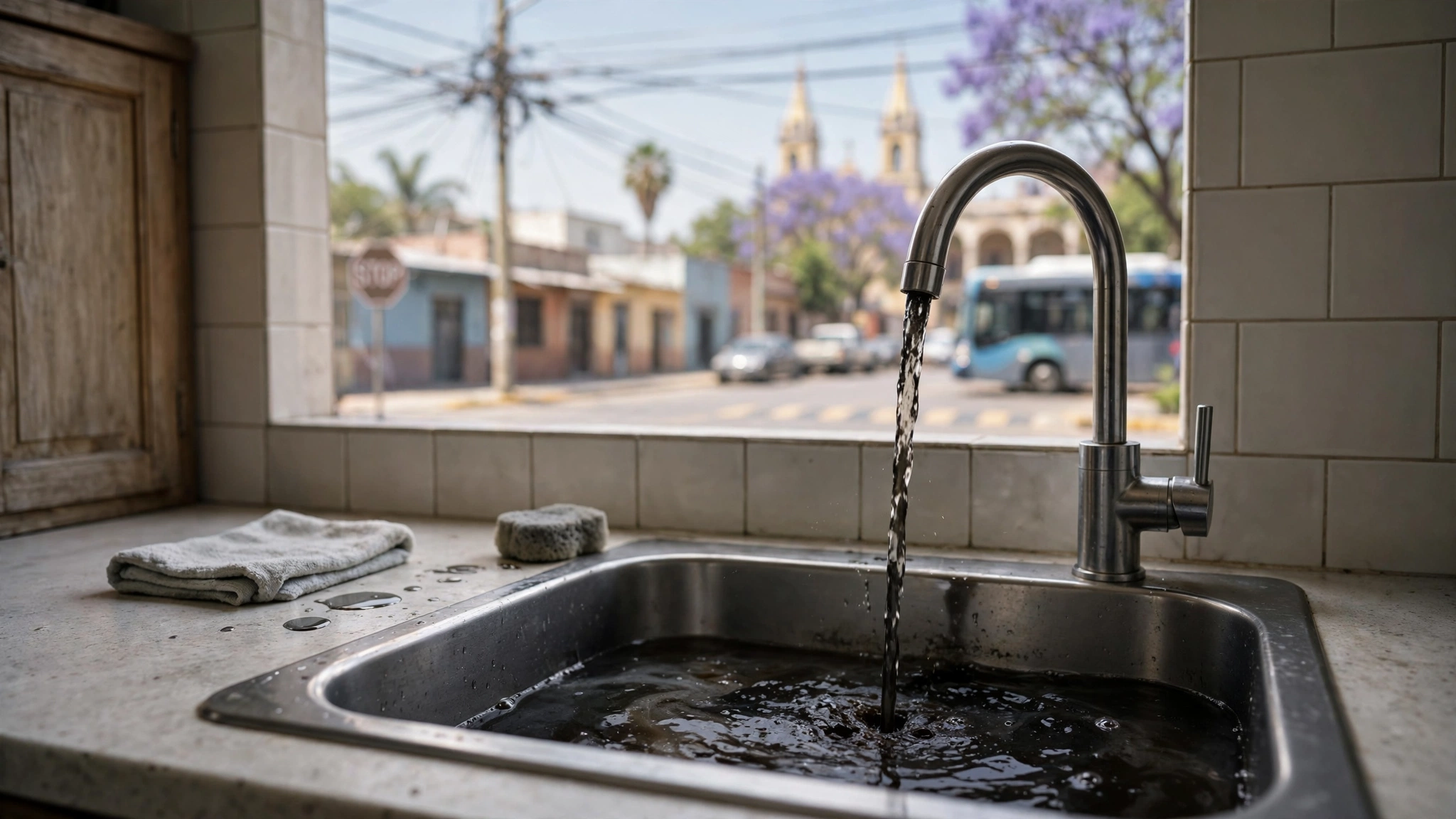 Grifo de cocina con agua de coloración oscura en un hogar de Guadalajara
