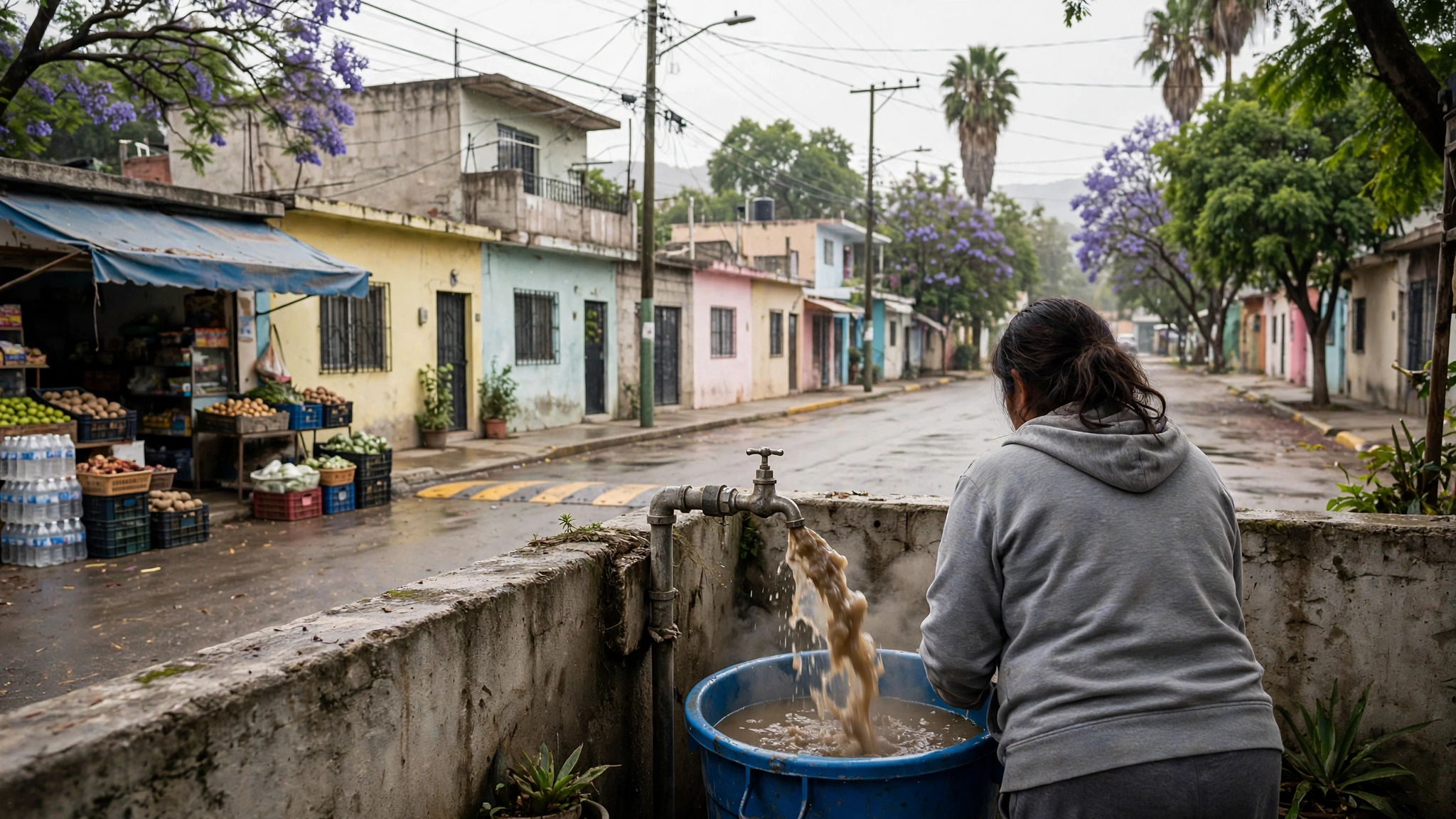 Vecina llena un recipiente con agua turbia de una llave en una colonia de la Zona Metropolitana de Guadalajara