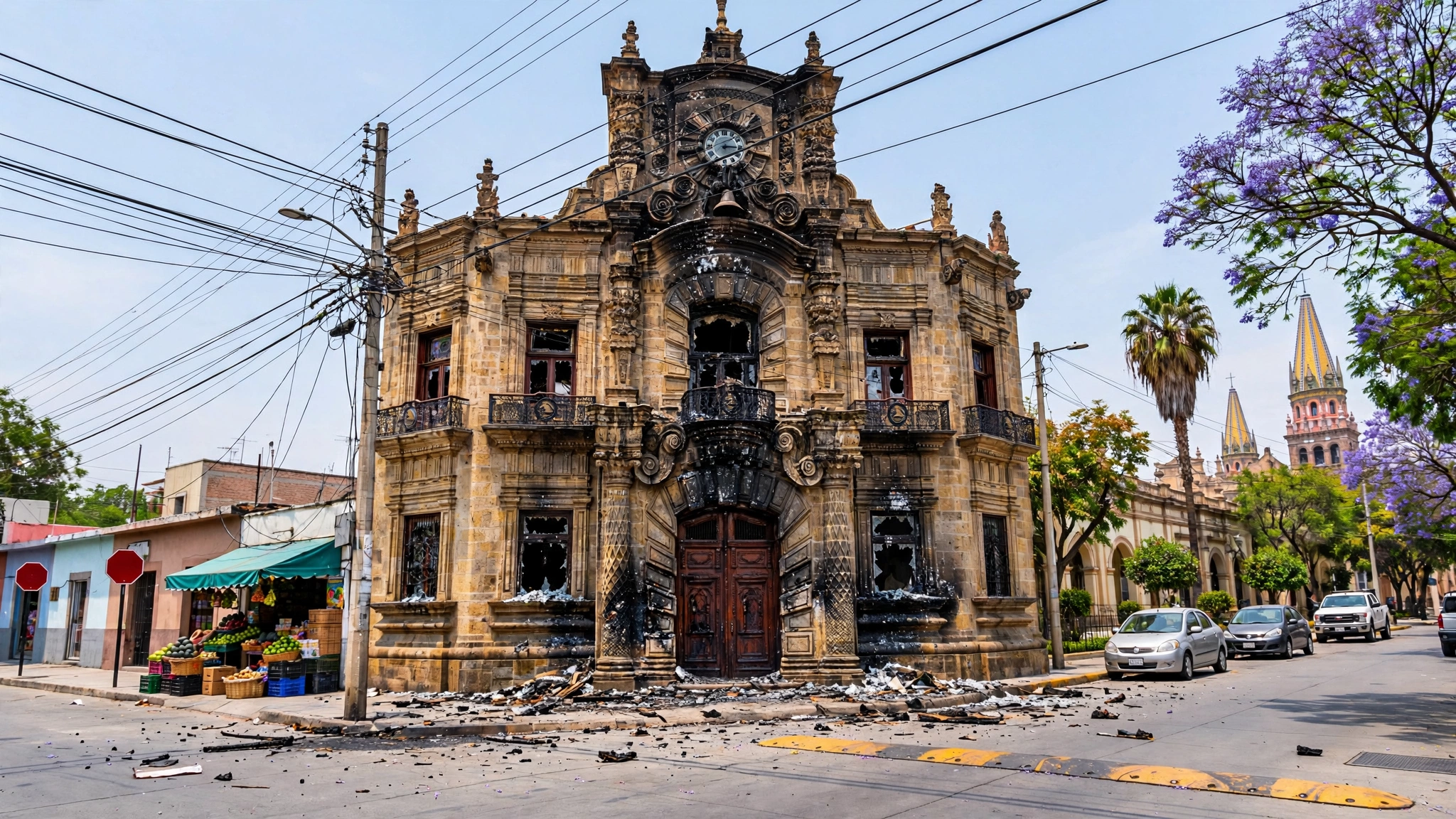 Fachada del Congreso de Jalisco con daños tras el ataque con bombas molotov