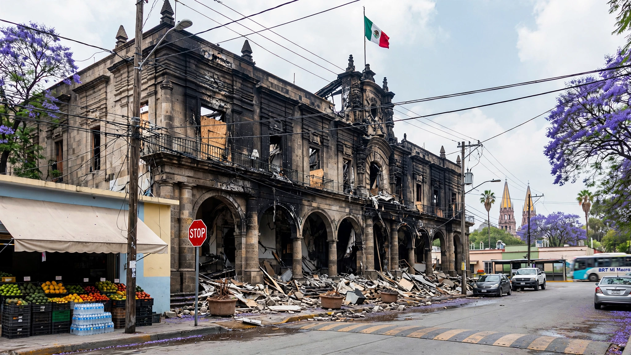 Fachada del Palacio de Gobierno de Jalisco con daños tras el ataque de encapuchados durante la marcha por el agua