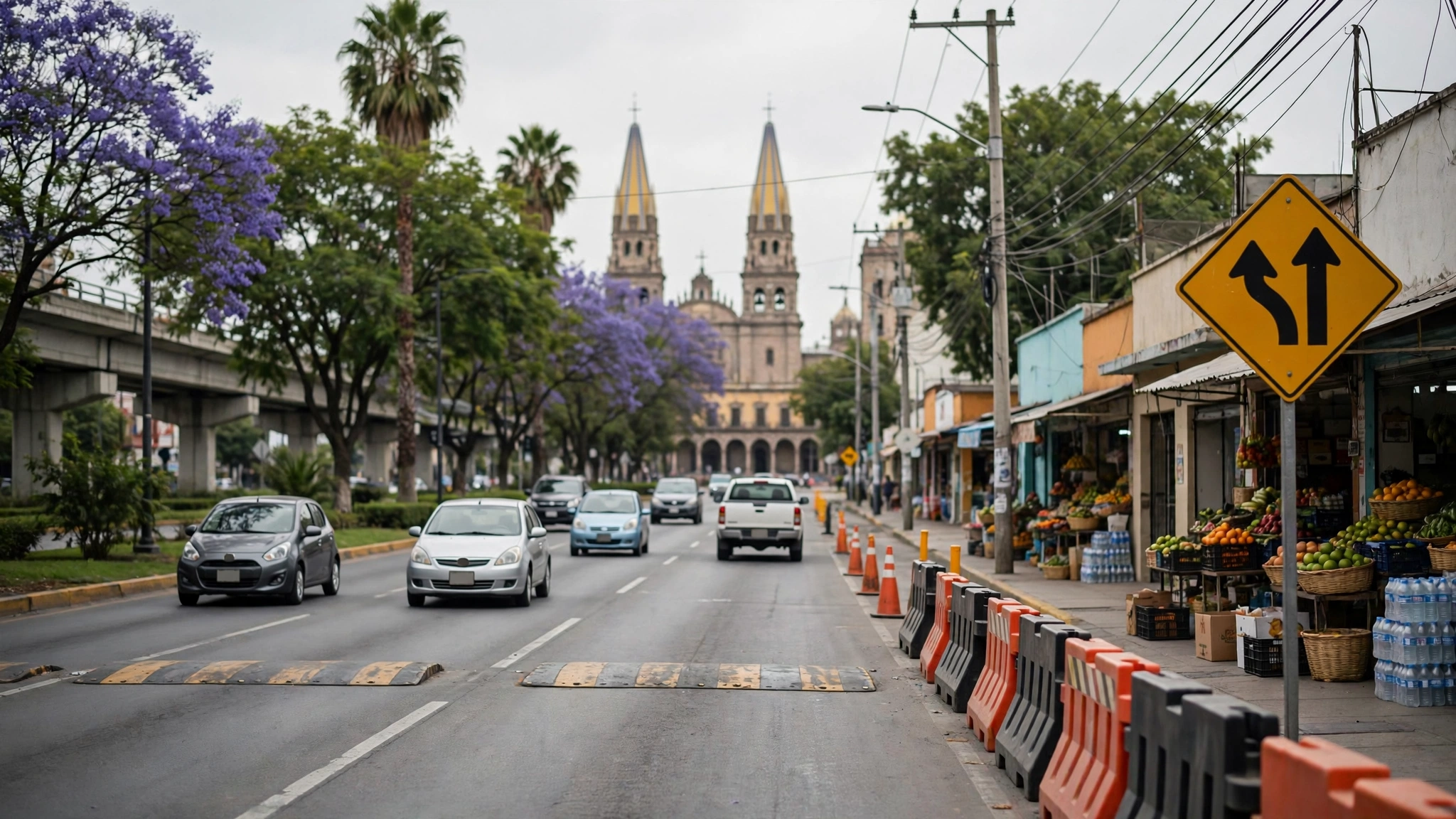 Carretera federal con señalamiento de reducción de carriles y tráfico vehicular