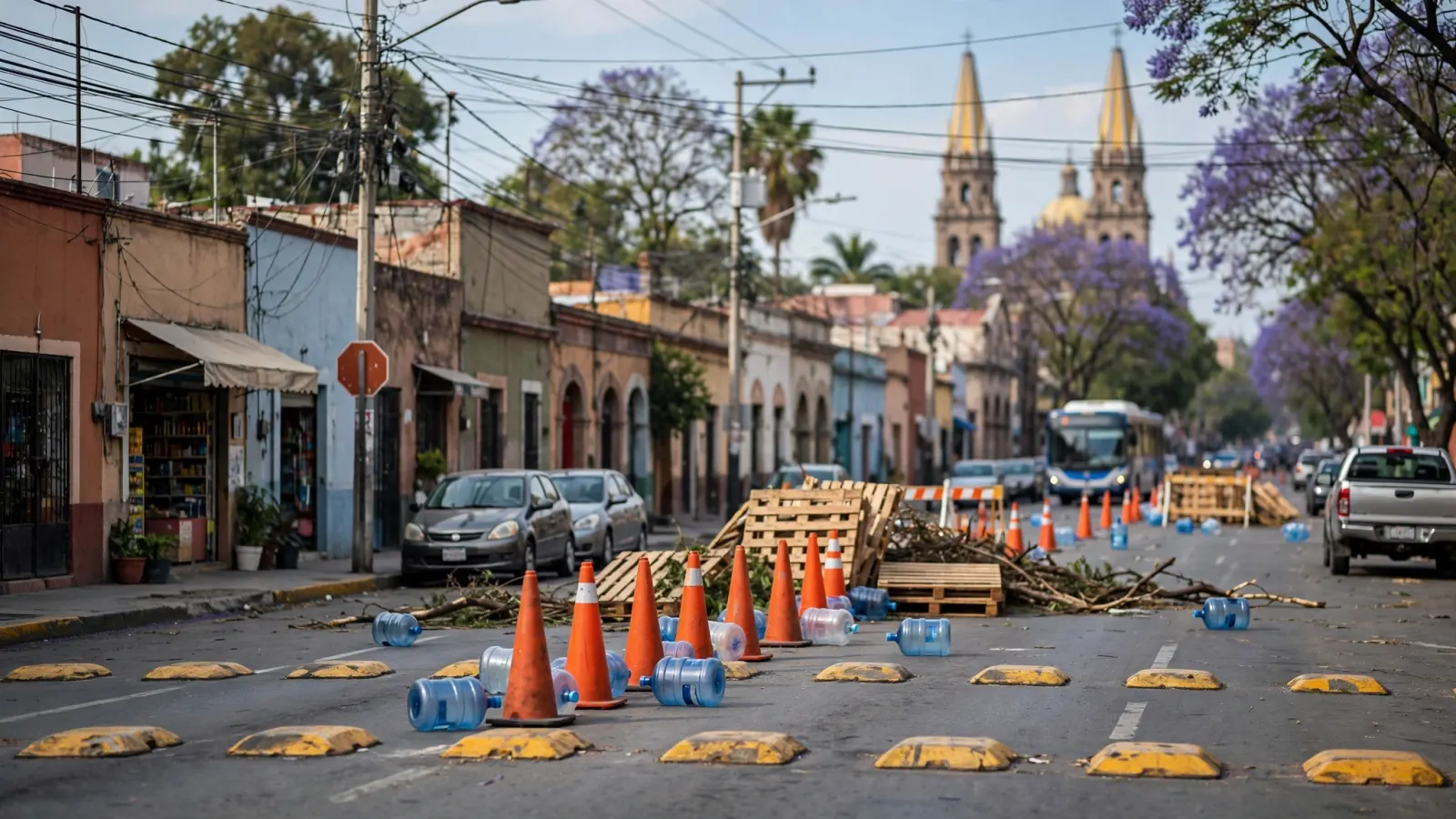 Vecinos bloquean la avenida Javier Mina en Guadalajara durante una protesta por falta de agua