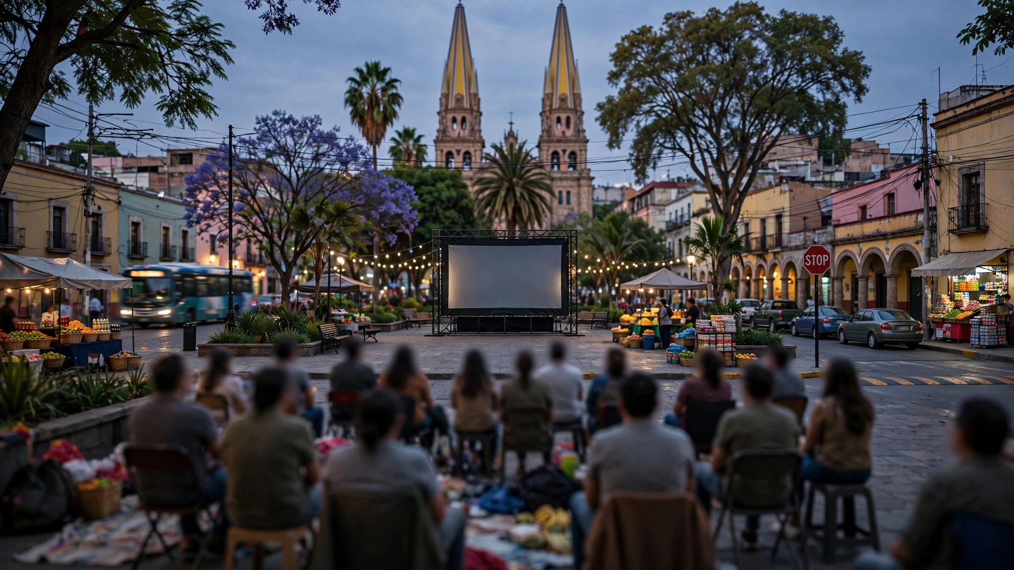 Público reunido en una plaza pública durante una función nocturna de cine al aire libre en Guadalajara