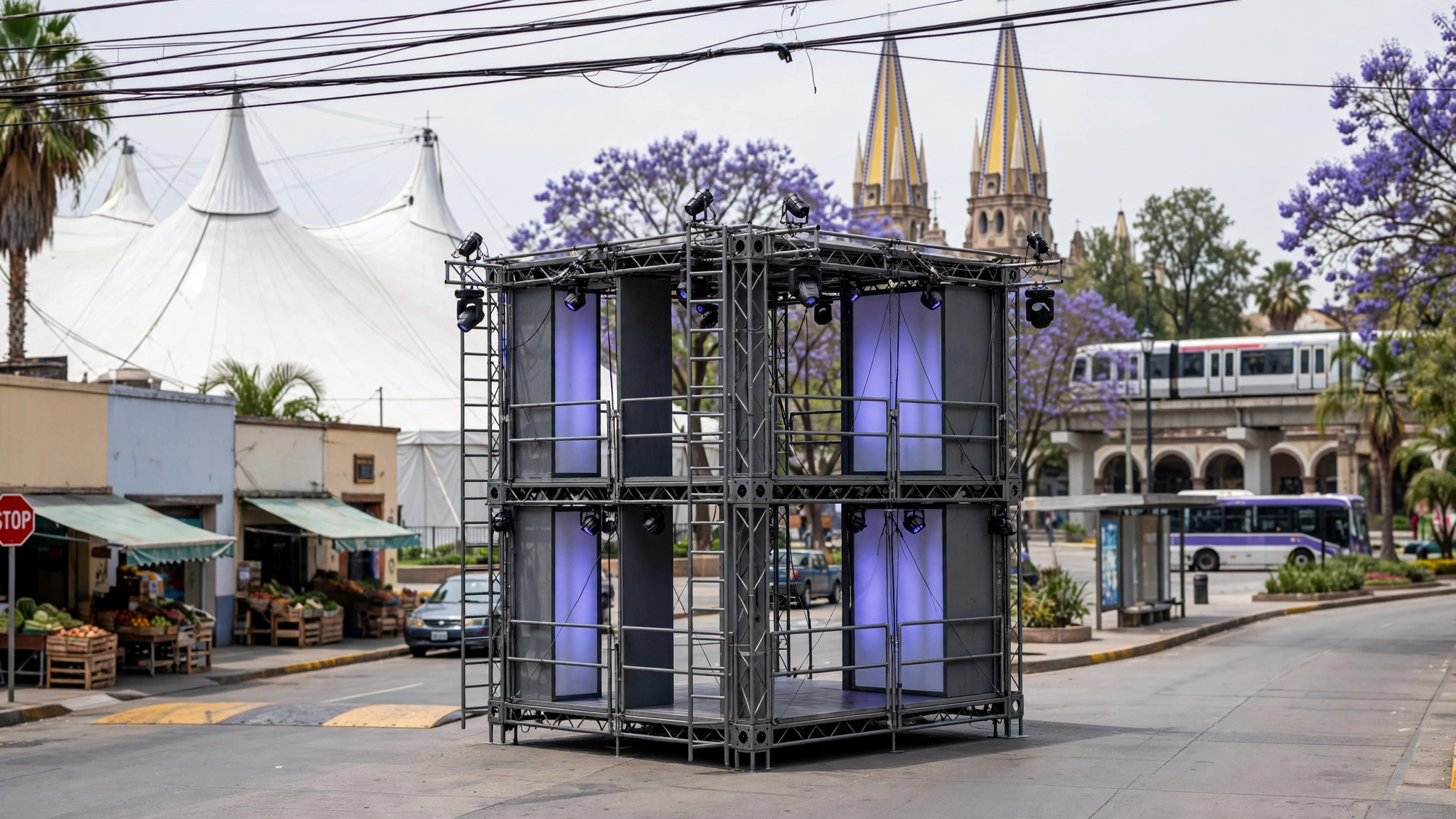 Cubo escenográfico de dos pisos de altura en el espectáculo ECHO de Cirque du Soleil en la Gran Carpa de Plaza Patria, Guadalajara