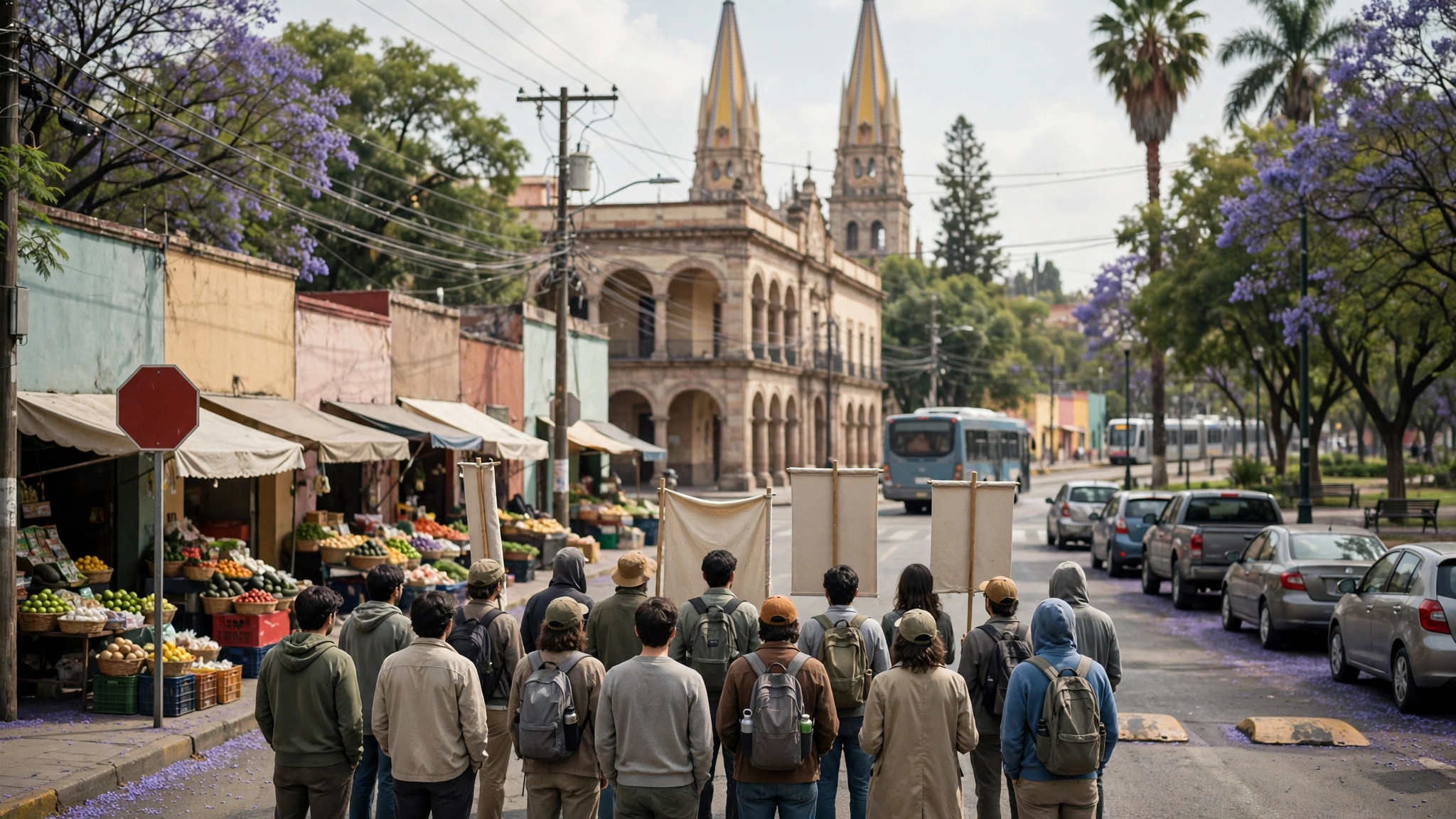 Manifestantes frente a Casa Jalisco durante la marcha por el agua en Guadalajara
