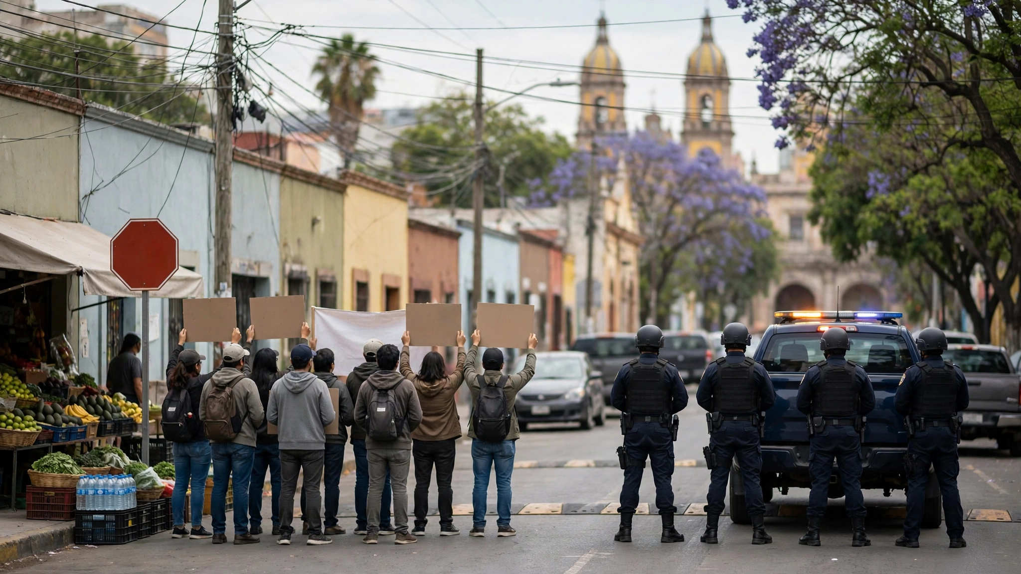 Manifestantes y policías durante la protesta por agua contaminada en Guadalajara el 11 de octubre