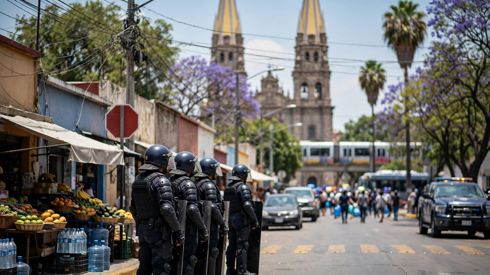 Policías con equipo antimotines durante la marcha por el agua en Guadalajara