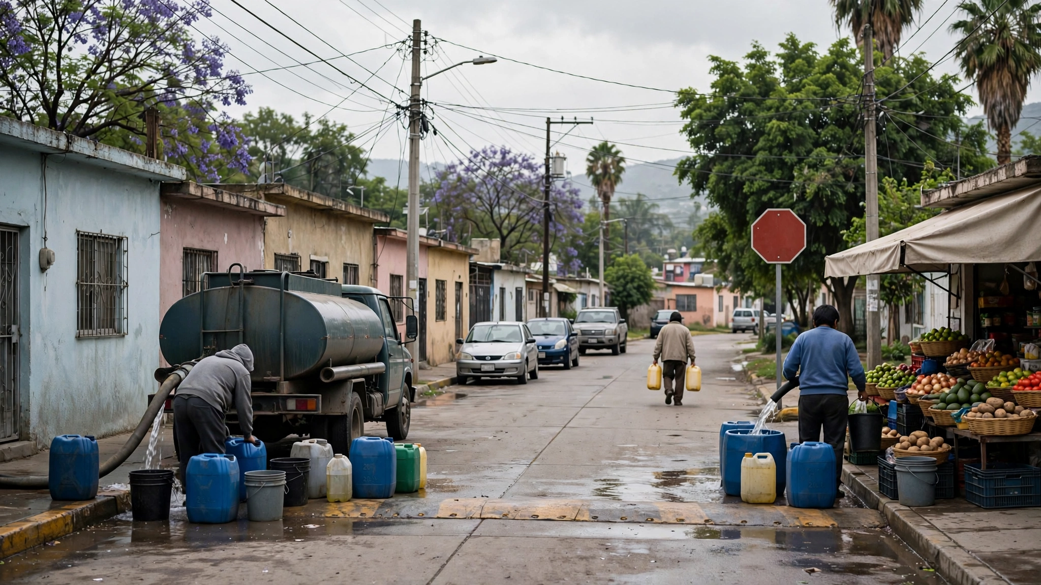 Vecinos de la Colonia Moderna en Guadalajara llenan recipientes con agua ante la falta de suministro