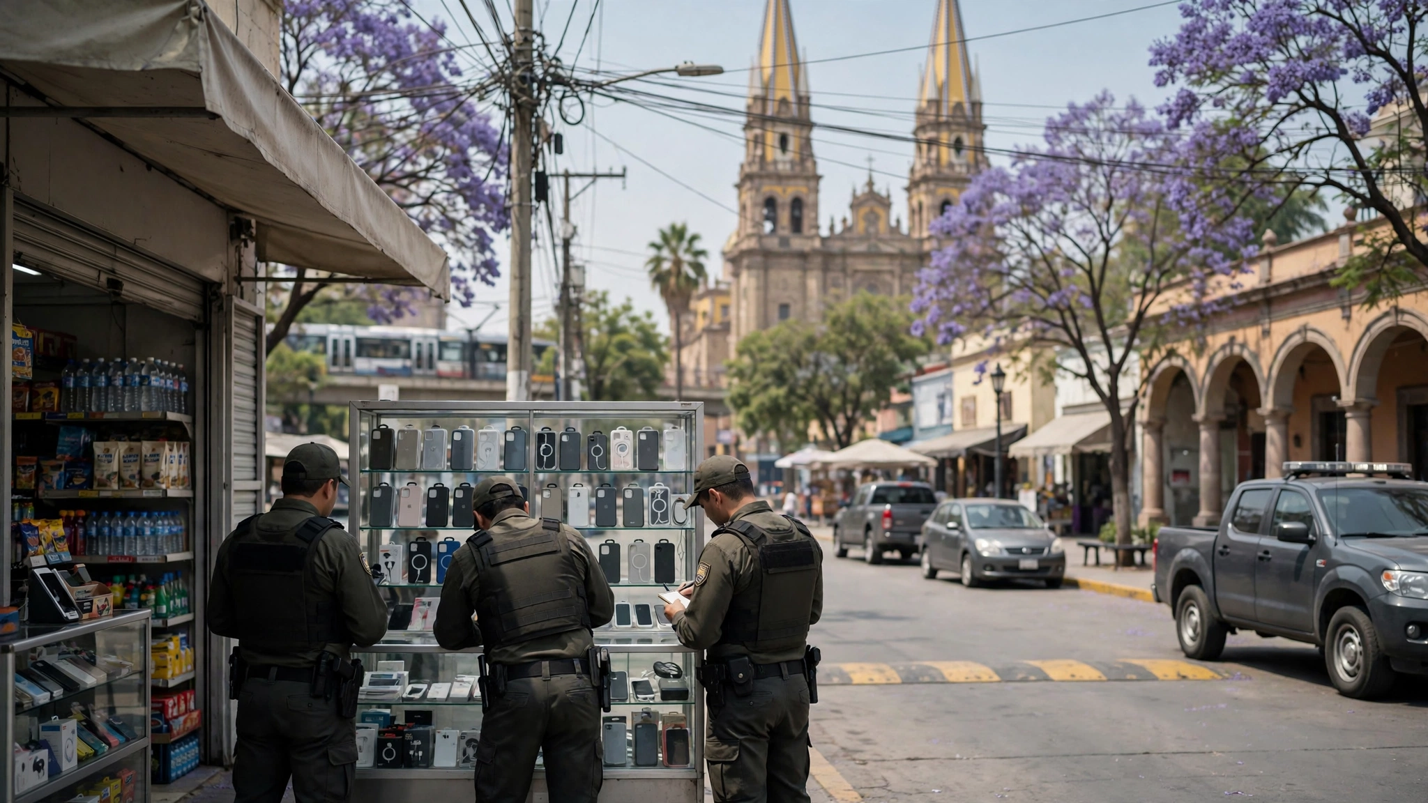 Agentes revisan locales de venta de celulares en una plaza comercial del Centro de Guadalajara
