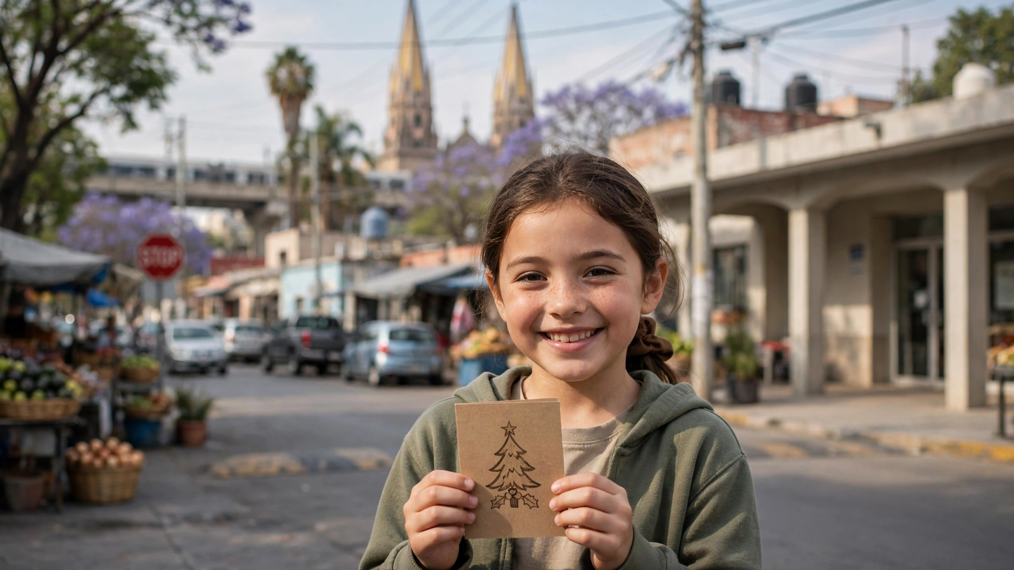 Niña sonriente sostiene una cartita navideña frente a instalaciones del DIF Guadalajara