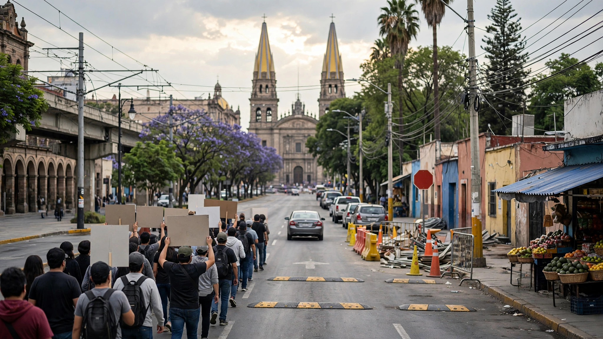 Manifestantes marchan por la Avenida Juárez en Guadalajara durante una protesta por el agua