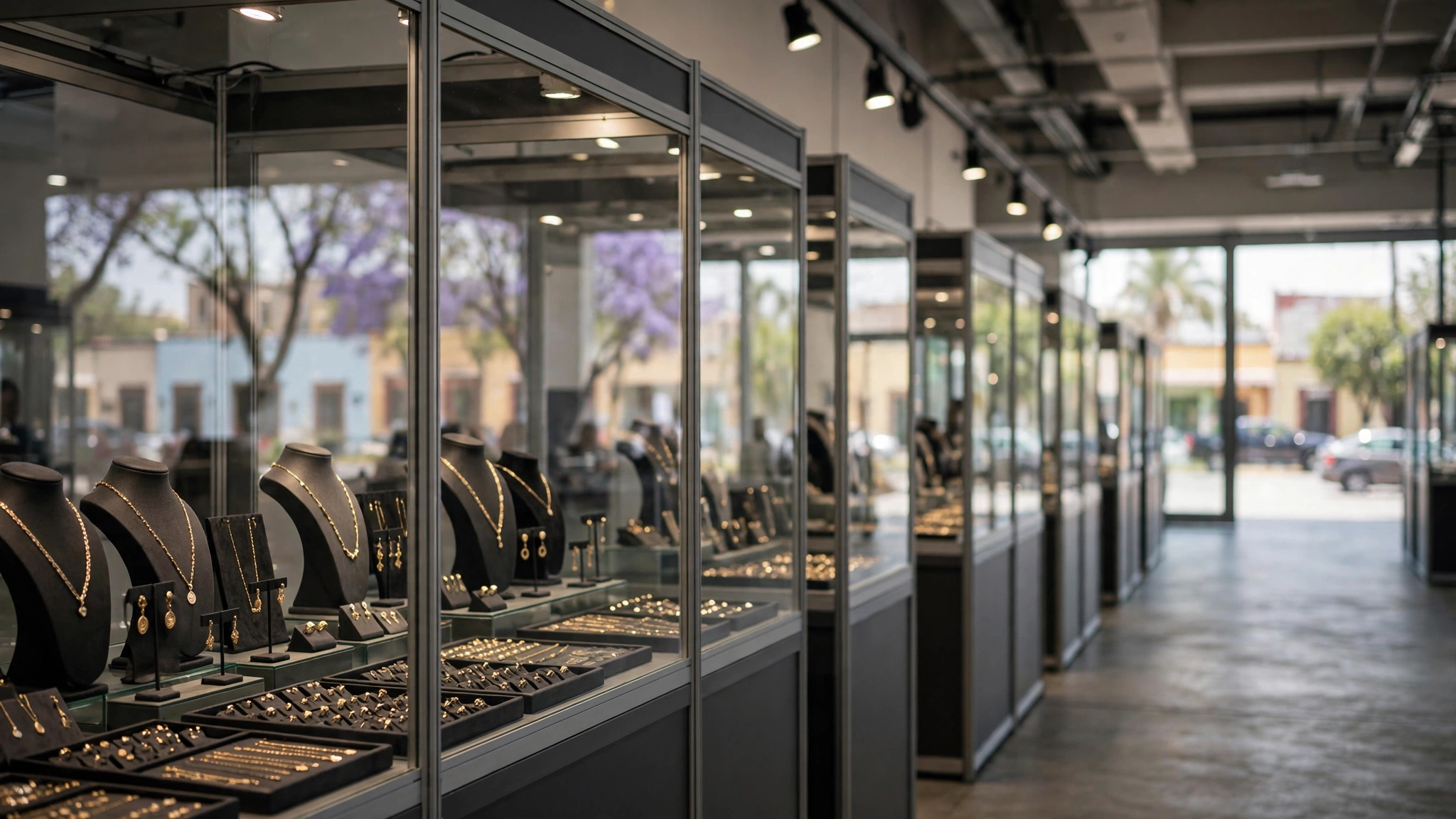 Pasillos con exhibidores de joyería durante la inauguración de Expo Joya en Expo Guadalajara