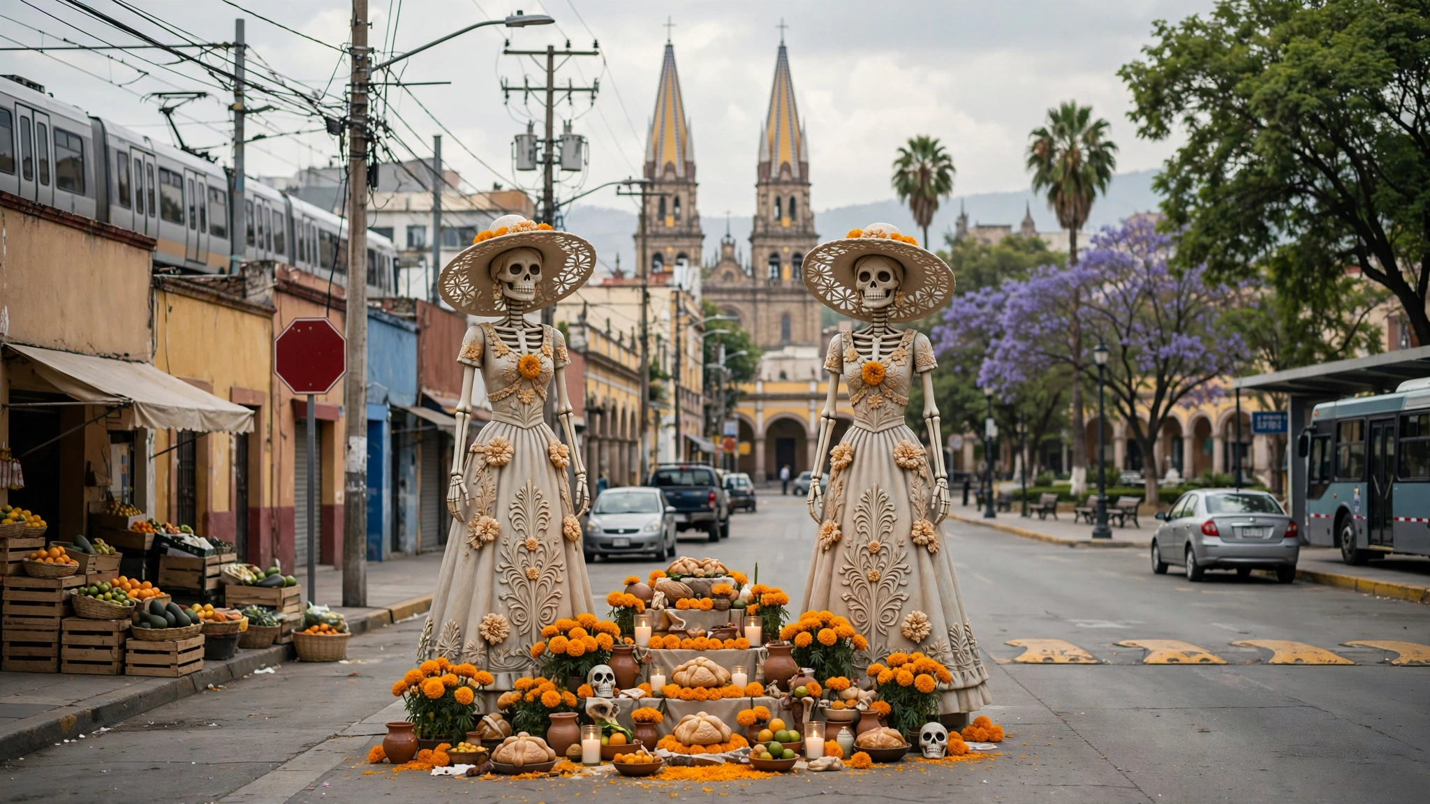 Ofrenda y catrinas gigantes del Festival de las Almas en Jalisco