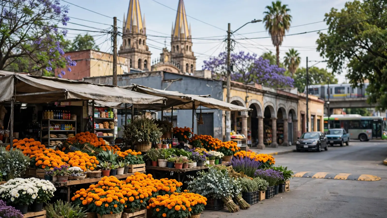 Puestos de flores de cempasúchil y otras especies en un mercado de Guadalajara para Día de Muertos