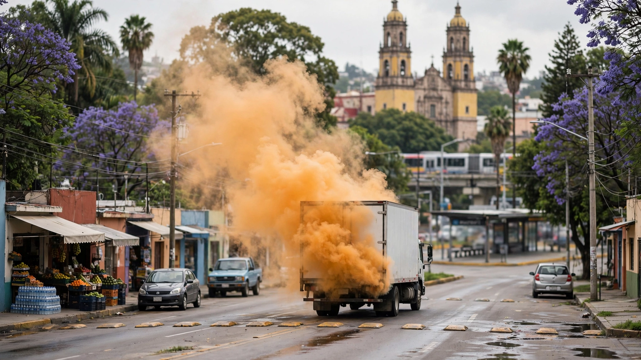 Nube naranja de vapores químicos sobre un camión de carga en la carretera Guadalajara-Chapala