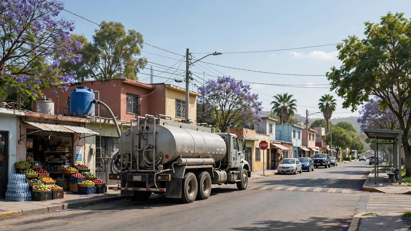 Camión pipa del Ayuntamiento de Guadalajara repartiendo agua en una colonia tapatía