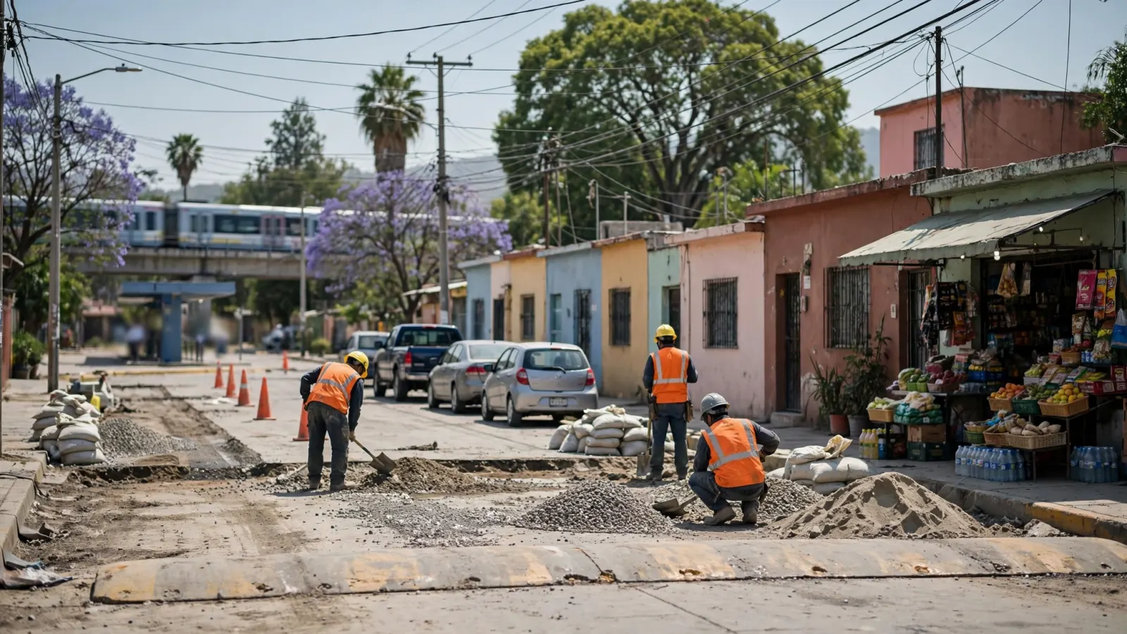 Trabajadores municipales rehabilitan una calle en la colonia Jardines de Plaza del Sol en Guadalajara
