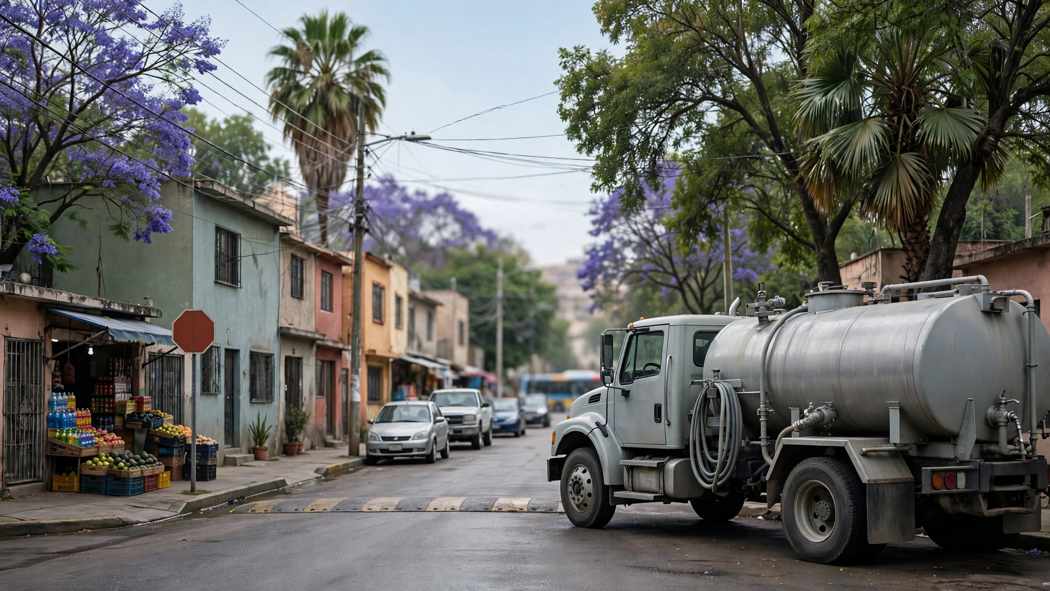 Pipa de agua potable estacionada en una colonia de Guadalajara