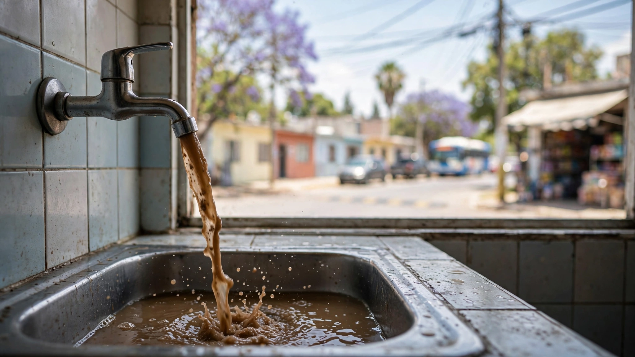 Agua de color café saliendo de una llave en una vivienda de Guadalajara
