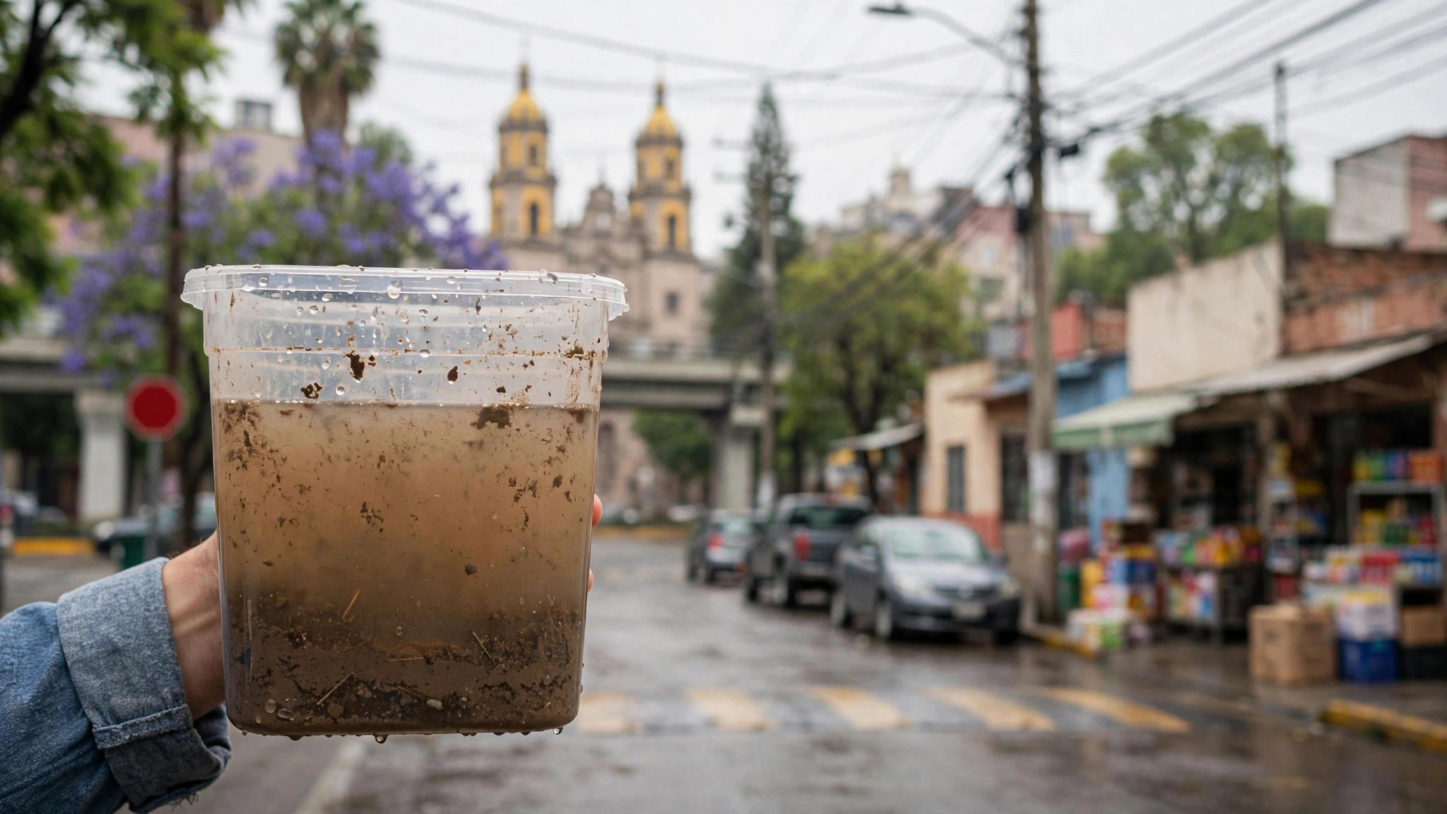 Vecino de Guadalajara muestra agua con lodo extraída de un tinaco