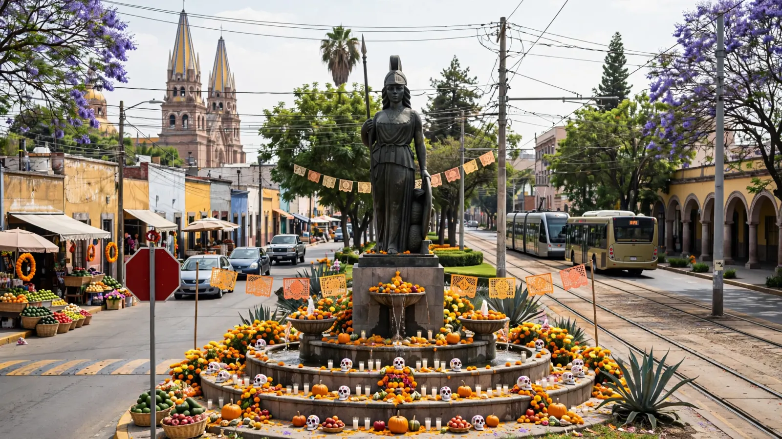 Glorieta de la Minerva en Guadalajara, sede del altar monumental de Día de Muertos