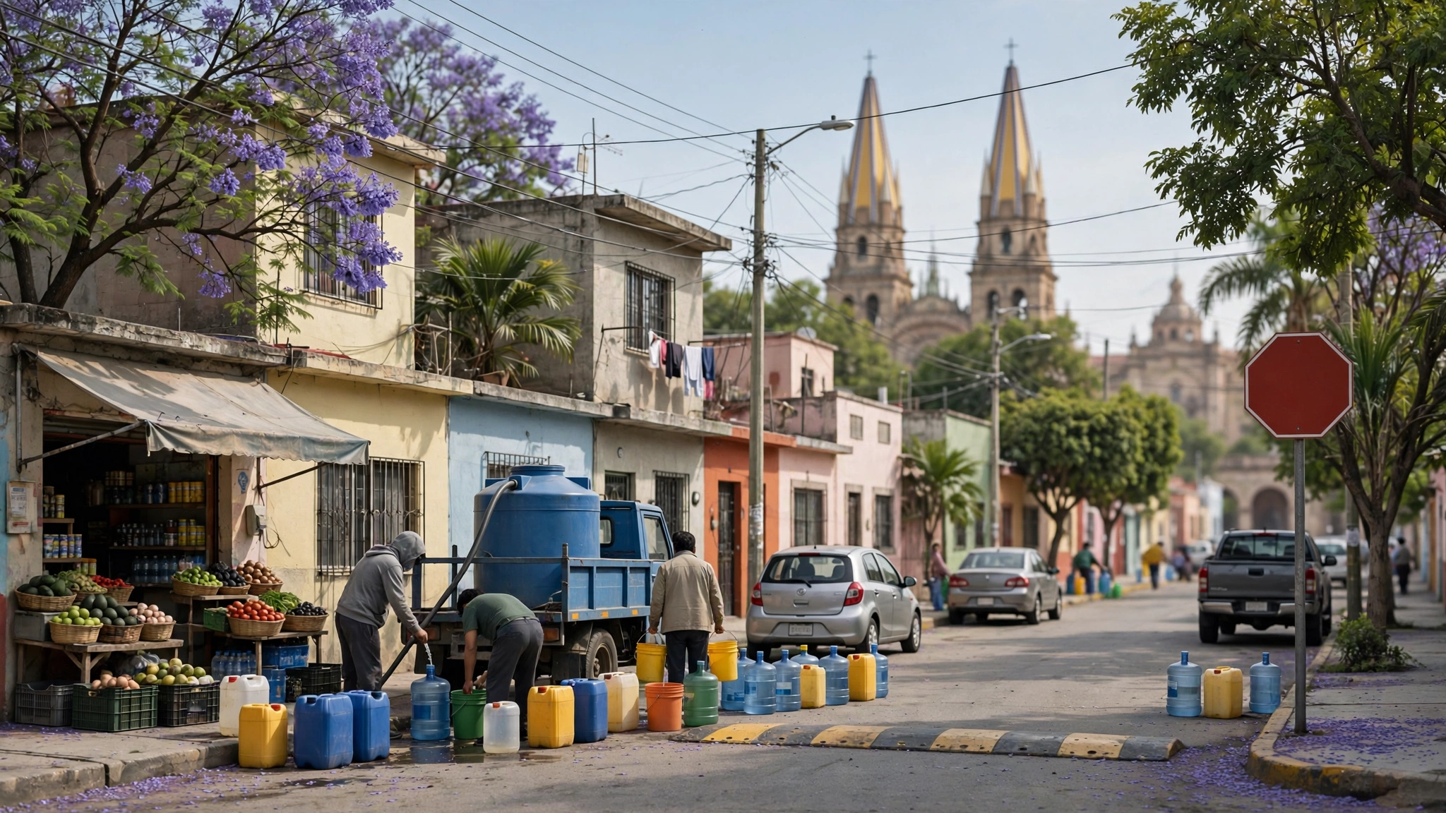 Vecinos de Guadalajara llenan recipientes con agua durante el inicio del esquema de tandeos