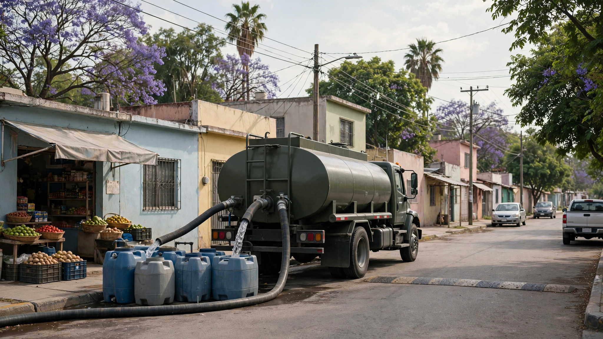 Pipa de agua del Ayuntamiento de Guadalajara abasteciendo una colonia durante los tandeos del SIAPA
