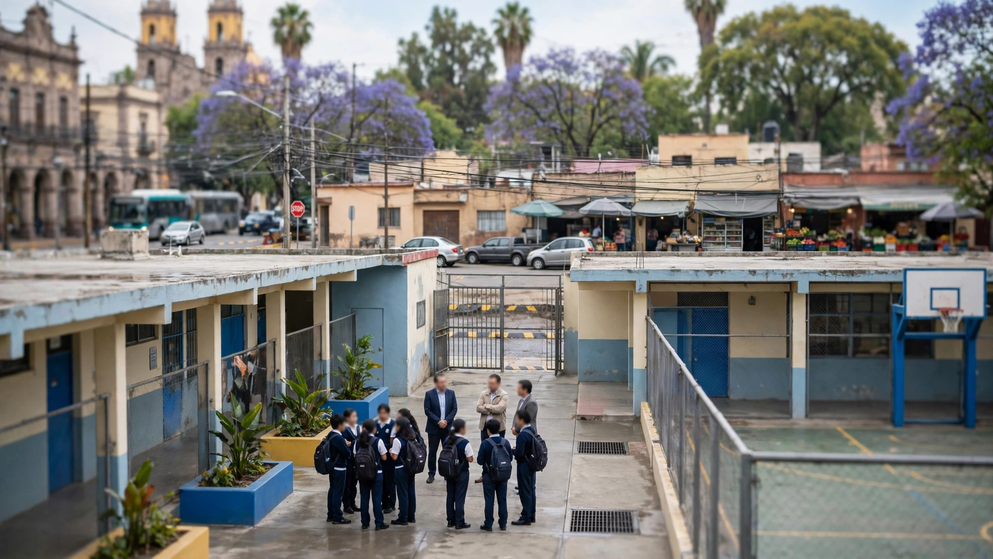 Alumnos y autoridades en el patio renovado de la Escuela Primaria Miguel Hidalgo en Guadalajara