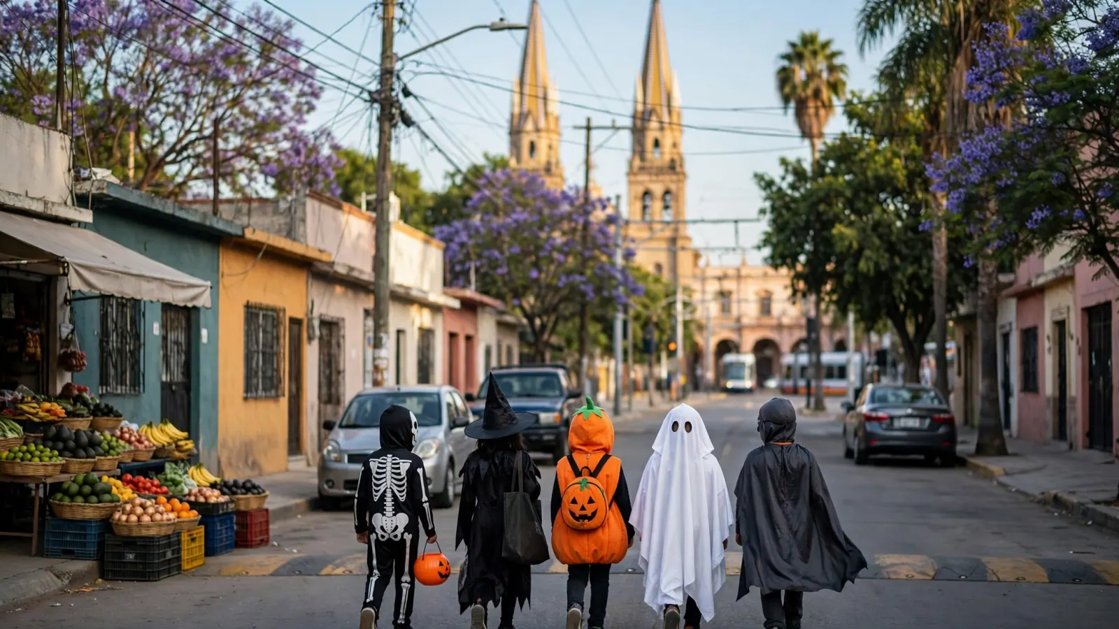 Niños disfrazados caminando por una calle de Guadalajara en una tarde soleada de Halloween