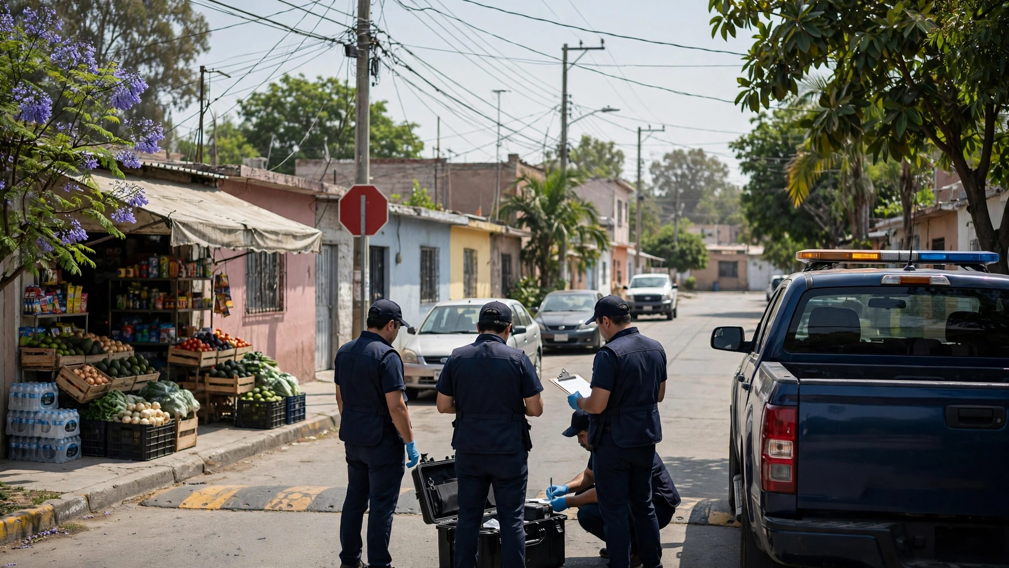 Peritos de la Fiscalía de Jalisco en el lugar de un homicidio en la colonia Arboledas del Sur, Guadalajara