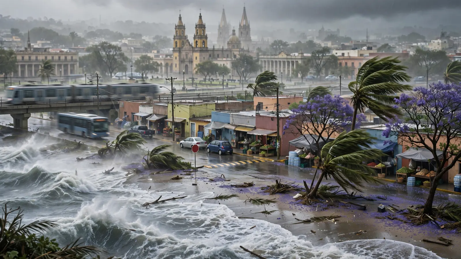 Oleaje elevado en una playa del Pacífico mexicano durante el paso del huracán Vance