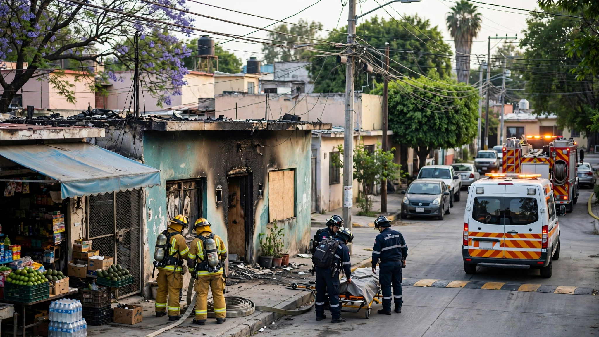 Bomberos y Protección Civil trabajan en una vivienda de El Colli Urbano, en Zapopan, tras un incendio nocturno