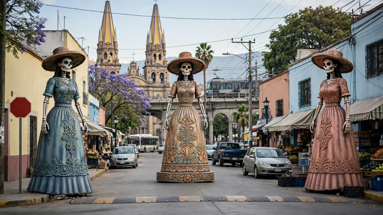 Catrinas monumentales decoran una calle de Guadalajara durante los preparativos del Día de Muertos