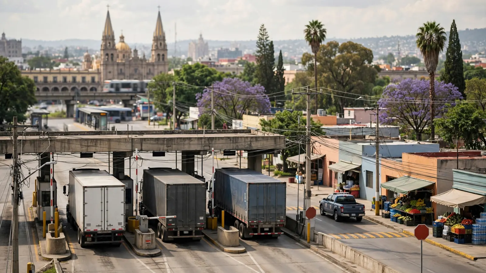 Camiones de carga detenidos en una caseta de autopista en Jalisco durante el paro nacional de transportistas