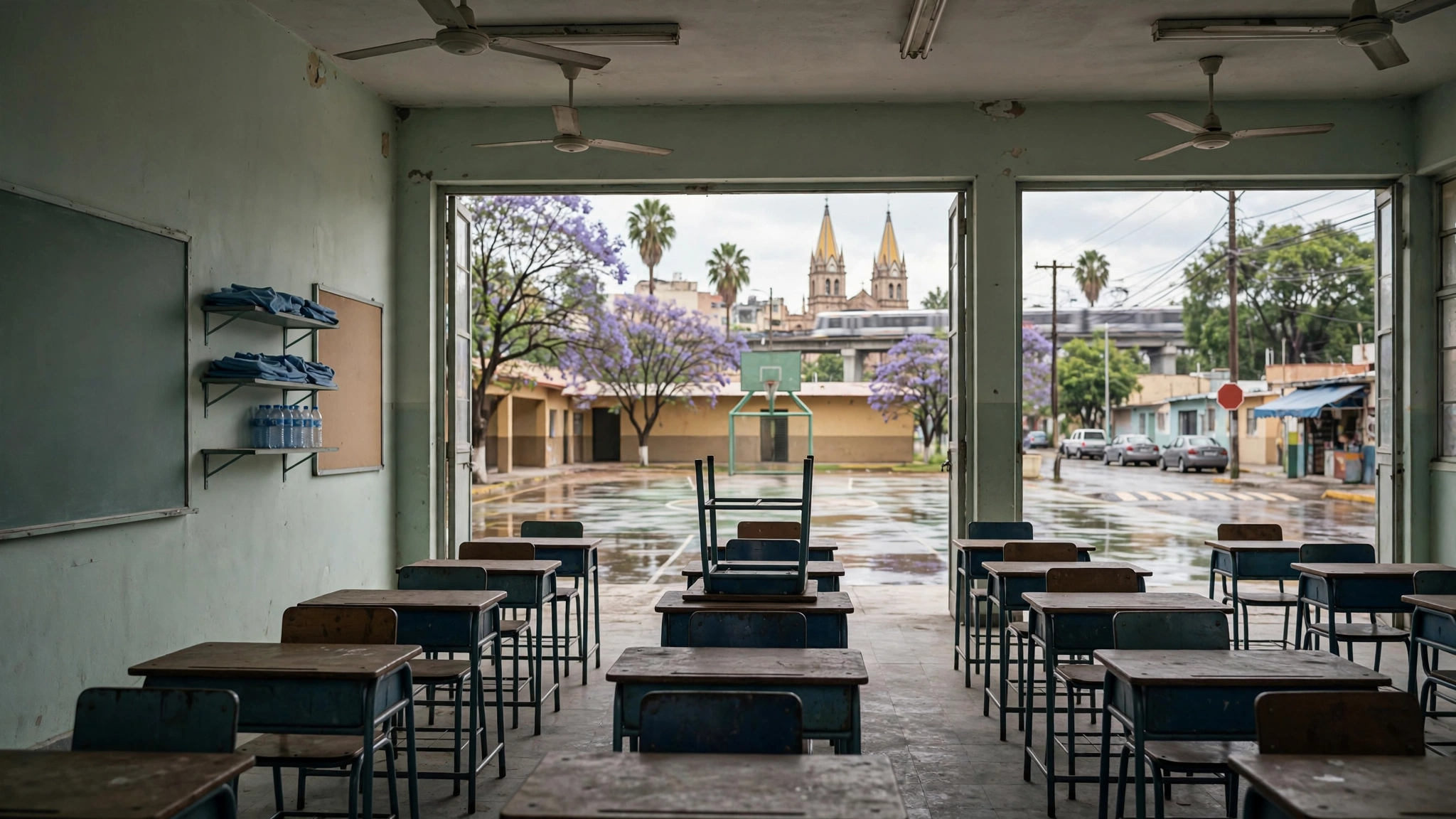 Aula vacía en una escuela de Jalisco durante la suspensión de clases por el huracán Simón