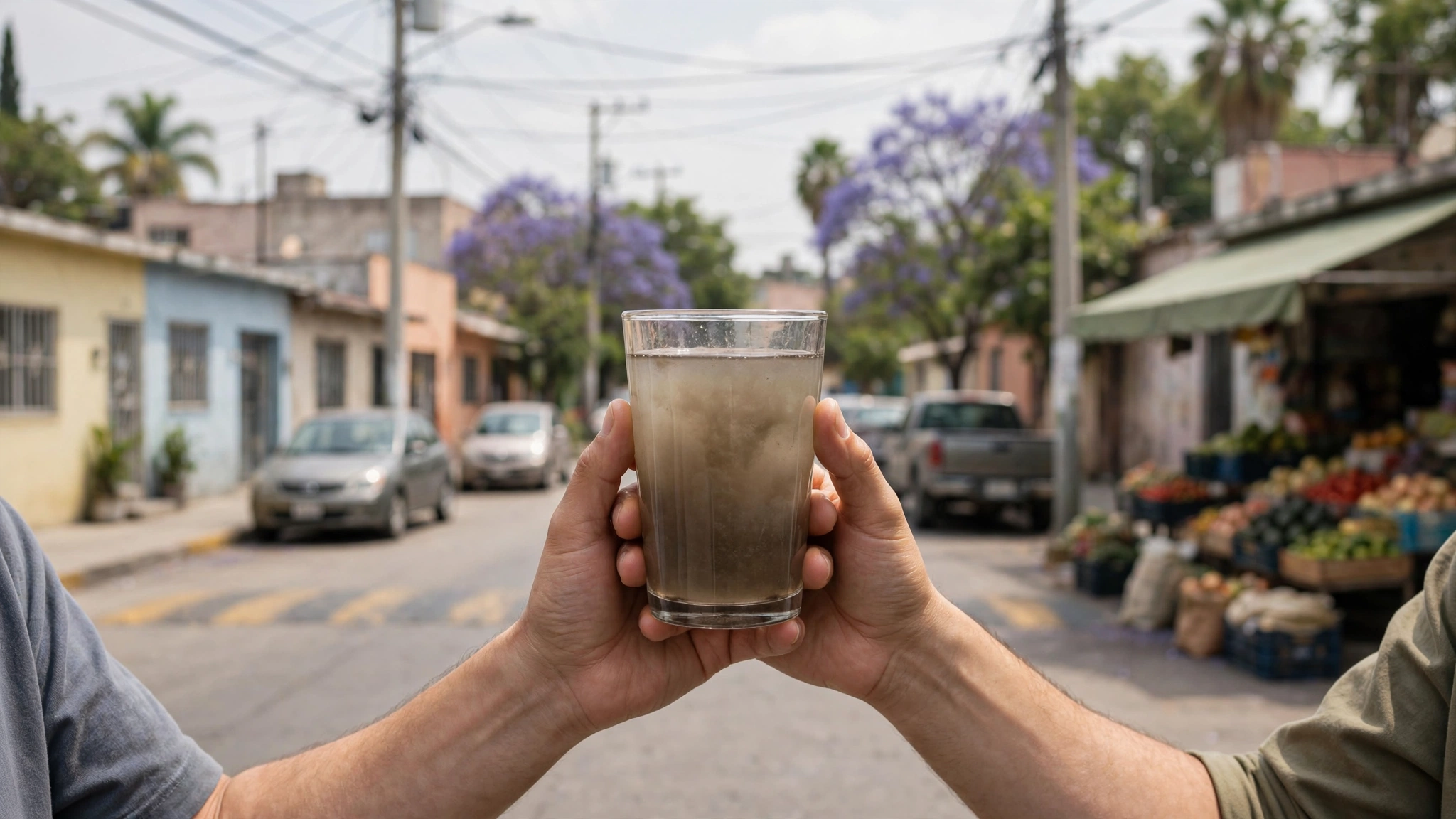 Vecinos de Guadalajara muestran agua turbia que sale de la llave en un vaso