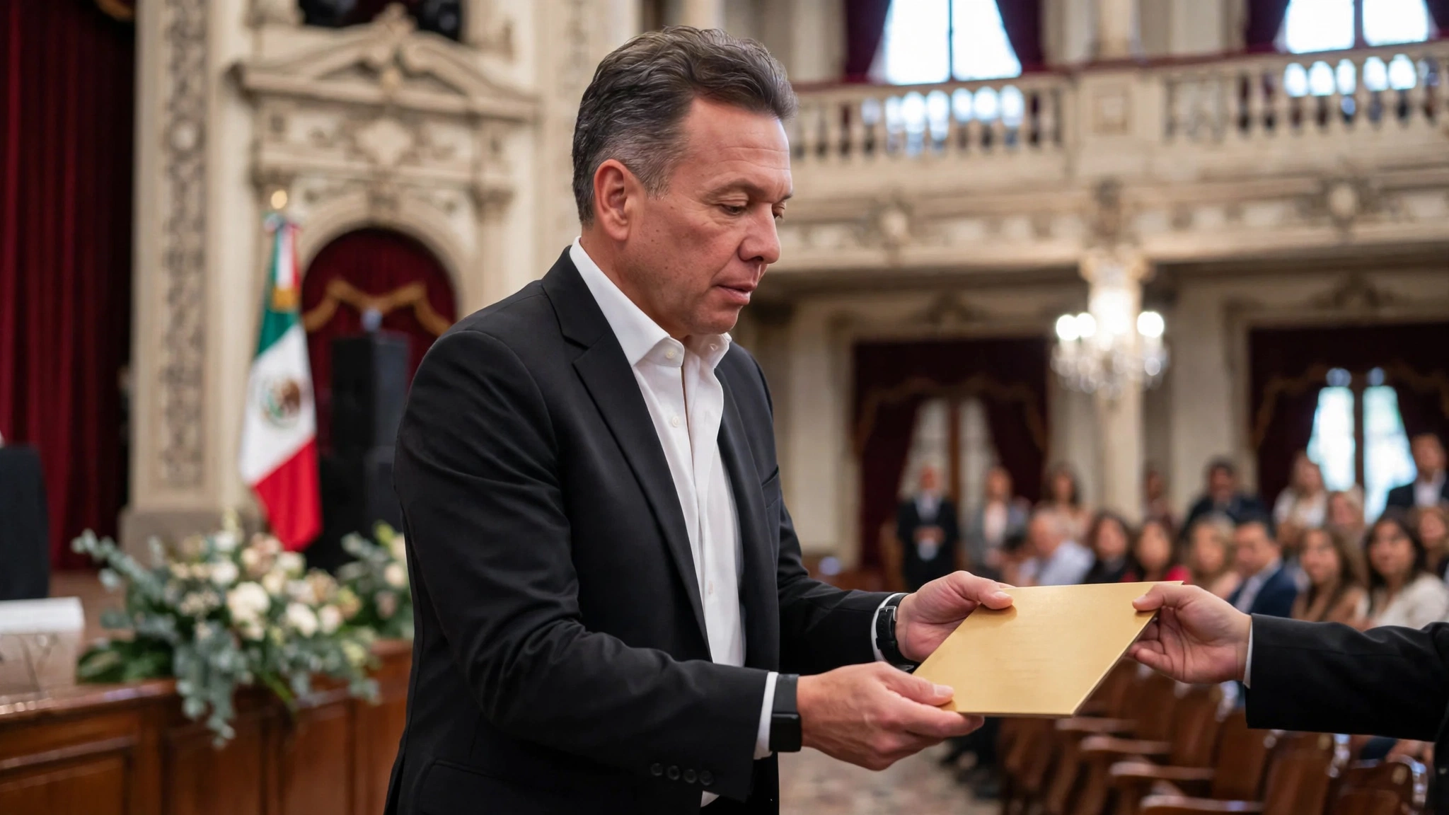 El gobernador Pablo Lemus Navarro entrega un reconocimiento durante la ceremonia del Premio a la Generosidad Jalisco en el Teatro Degollado