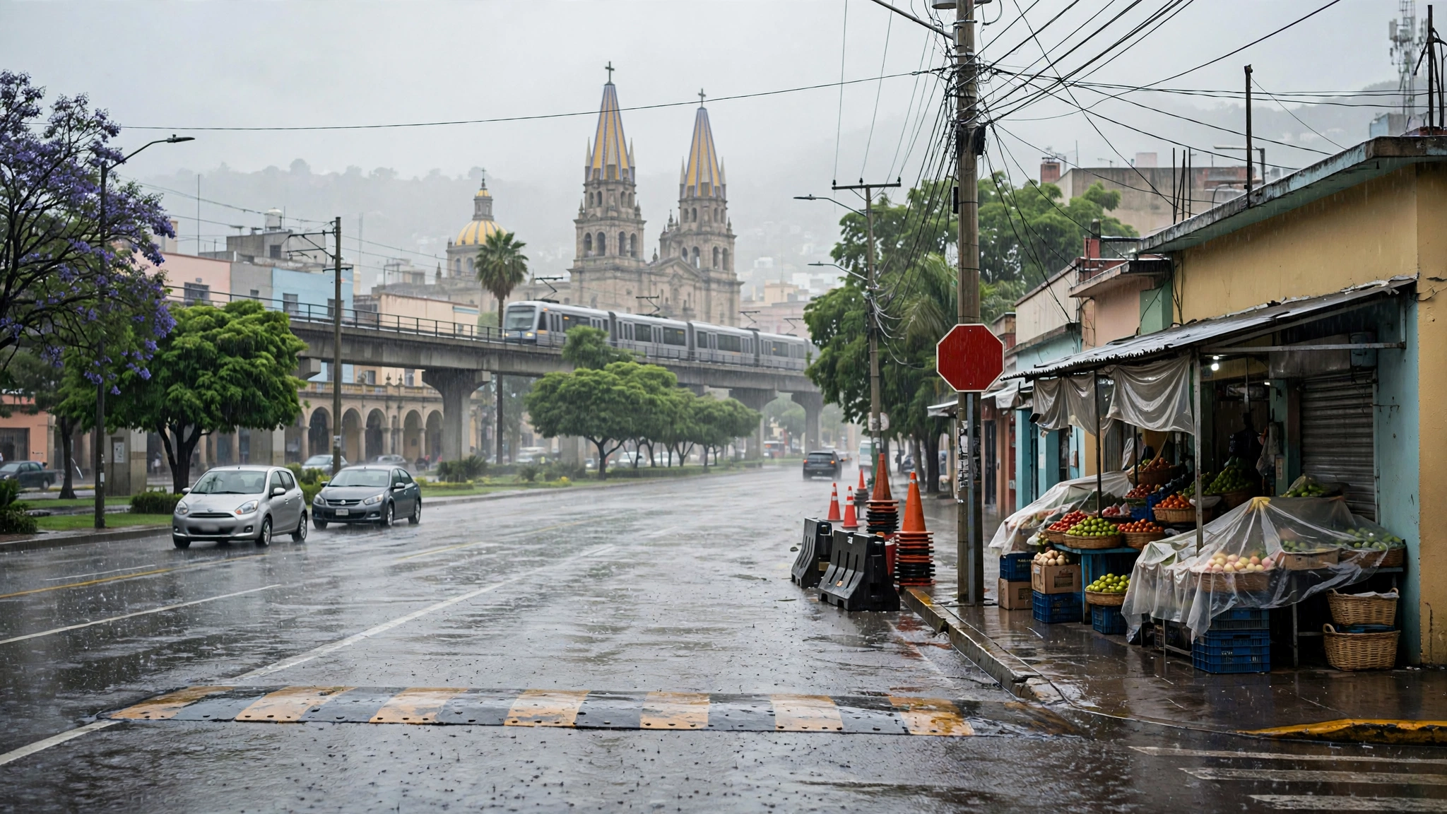 Lluvia intensa sobre una avenida de Guadalajara durante el paso del huracán Simón
