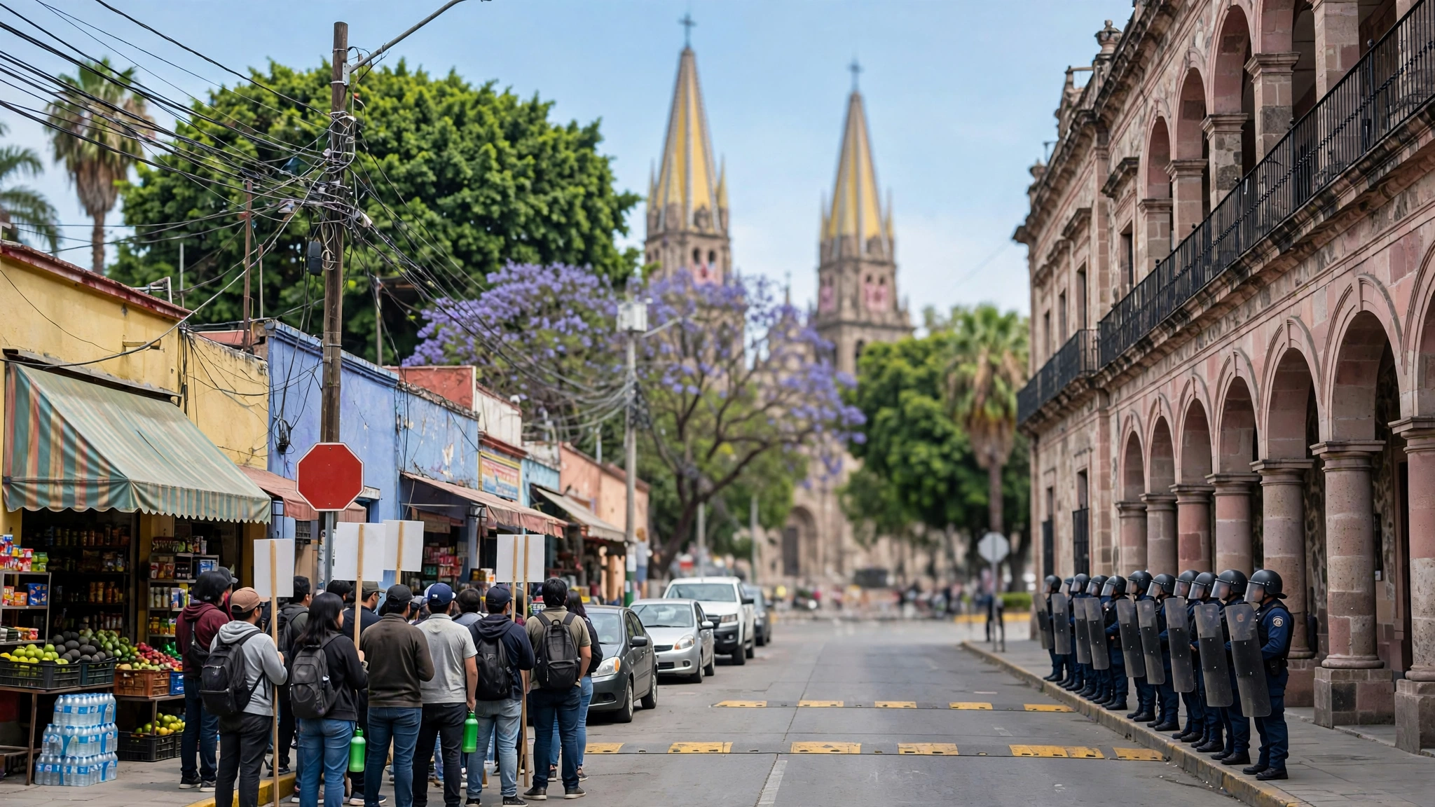 Manifestantes y guardias frente a Casa Jalisco durante la protesta por el agua