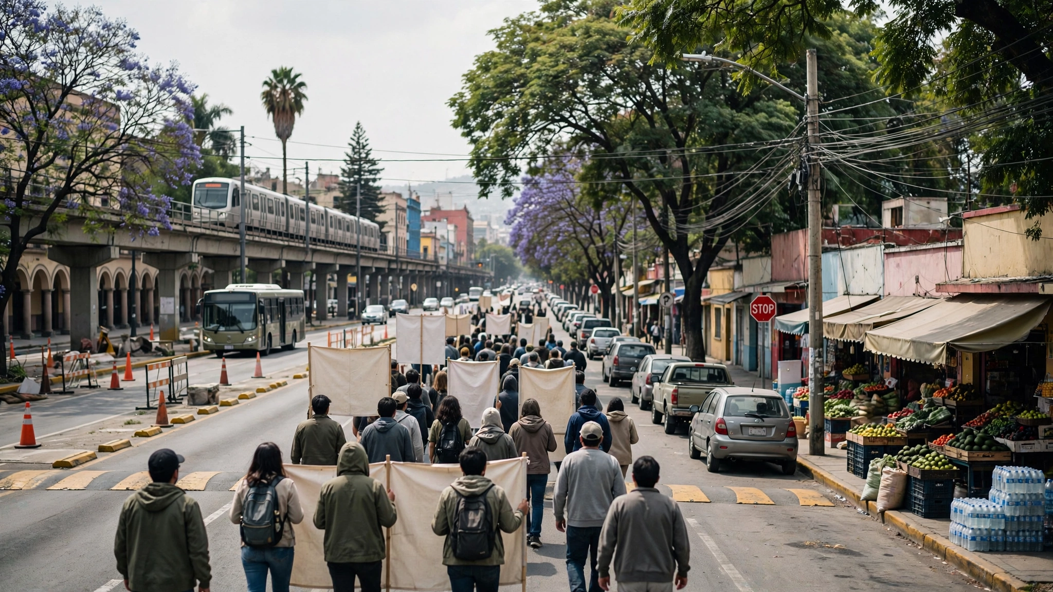 Manifestantes caminan por una avenida de Guadalajara durante la marcha por agua limpia