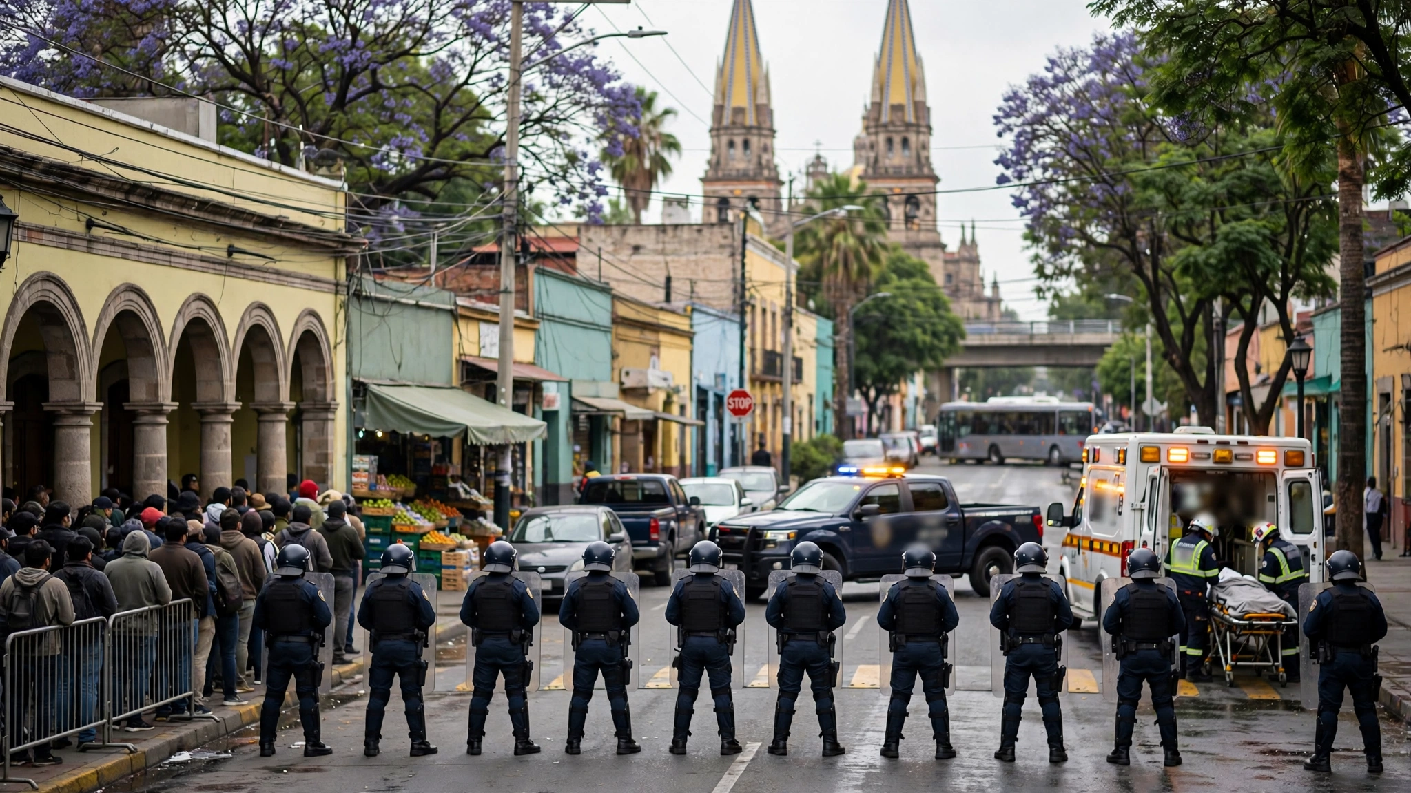 Manifestantes y policías durante los enfrentamientos frente a Casa Jalisco en Guadalajara