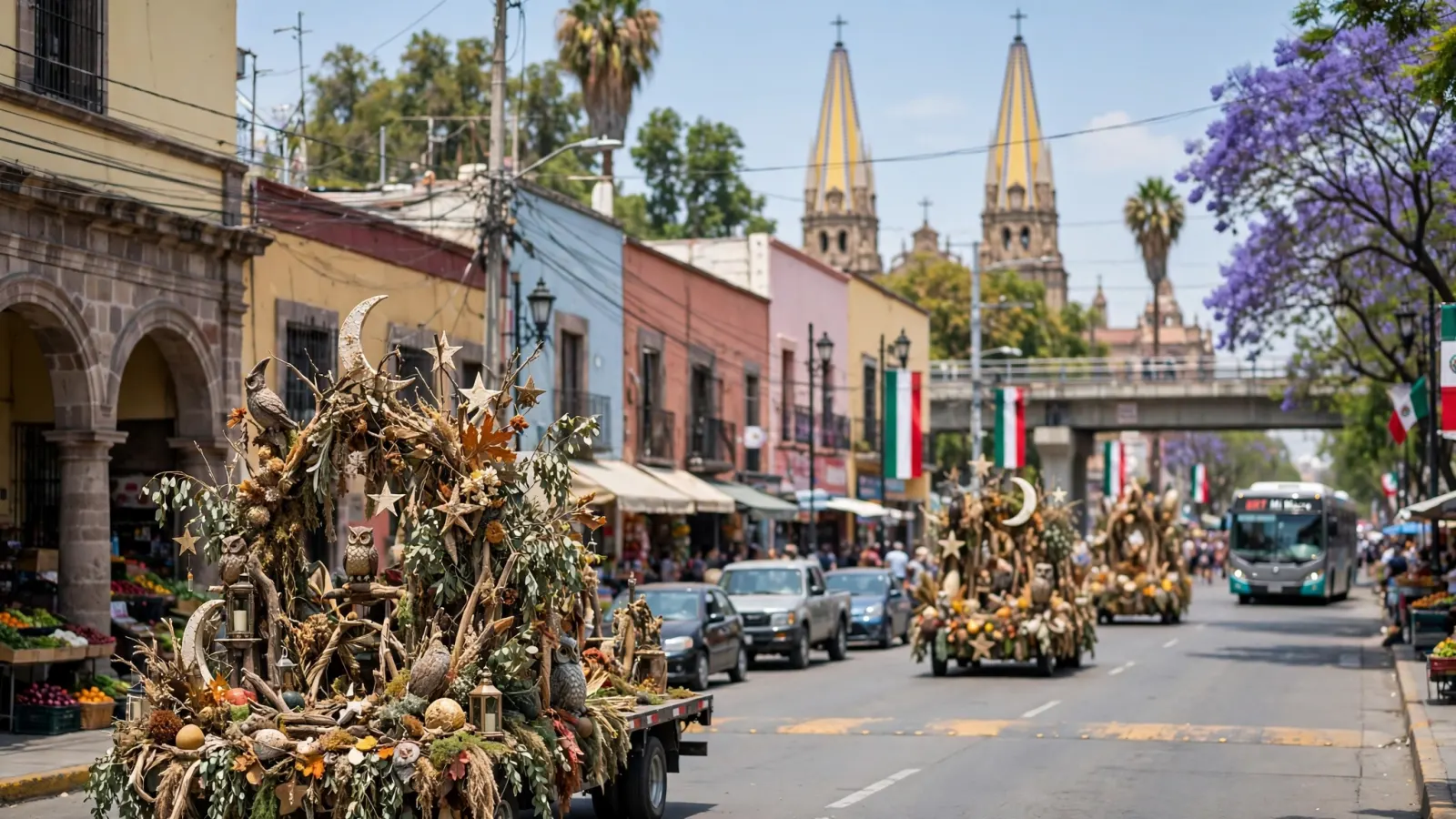 Carros alegóricos del desfile Aquelarre del CUCEI avanzando por una calle del Centro de Guadalajara