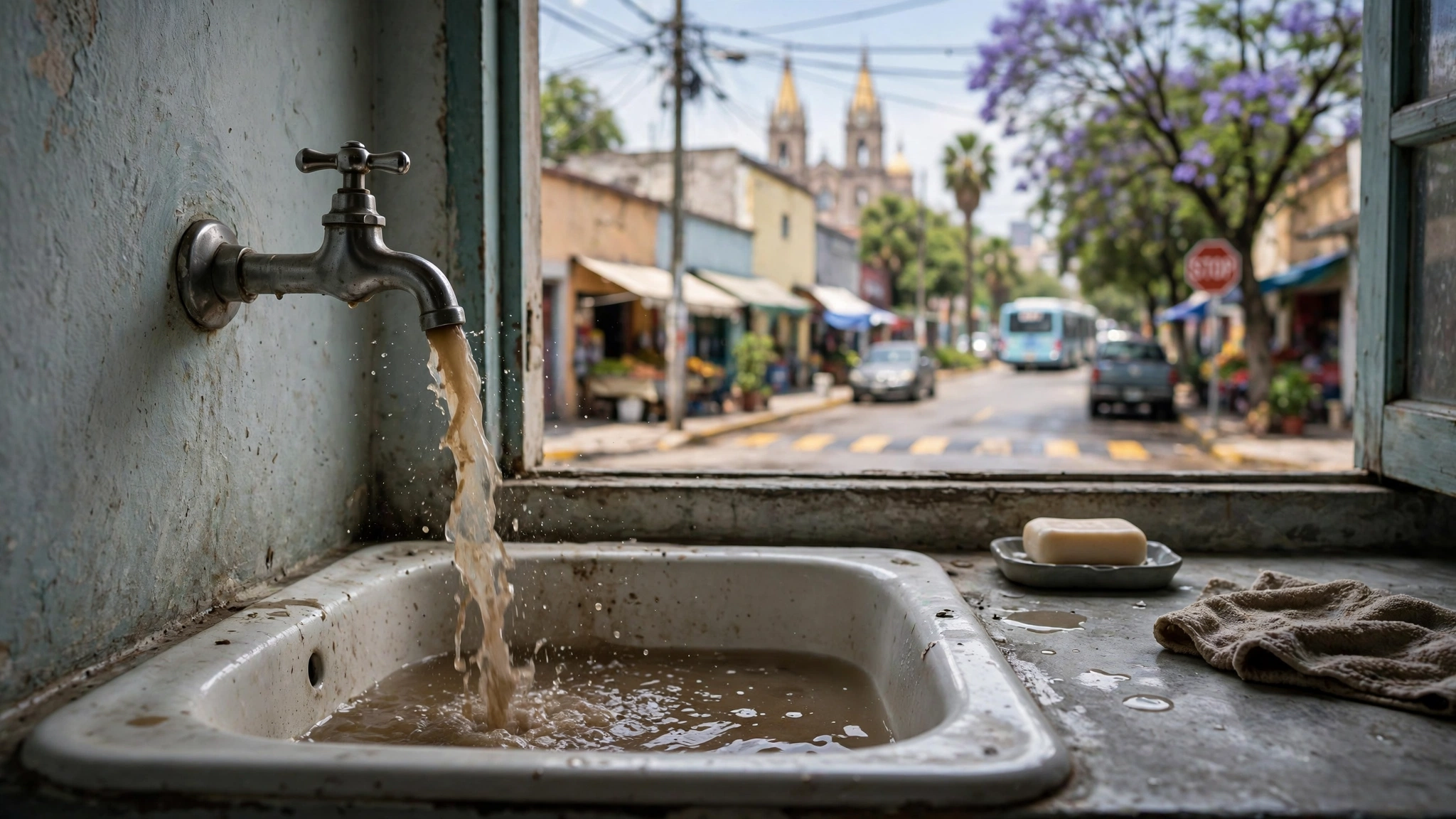 Grifo con agua turbia cayendo en un lavabo en una vivienda de Guadalajara